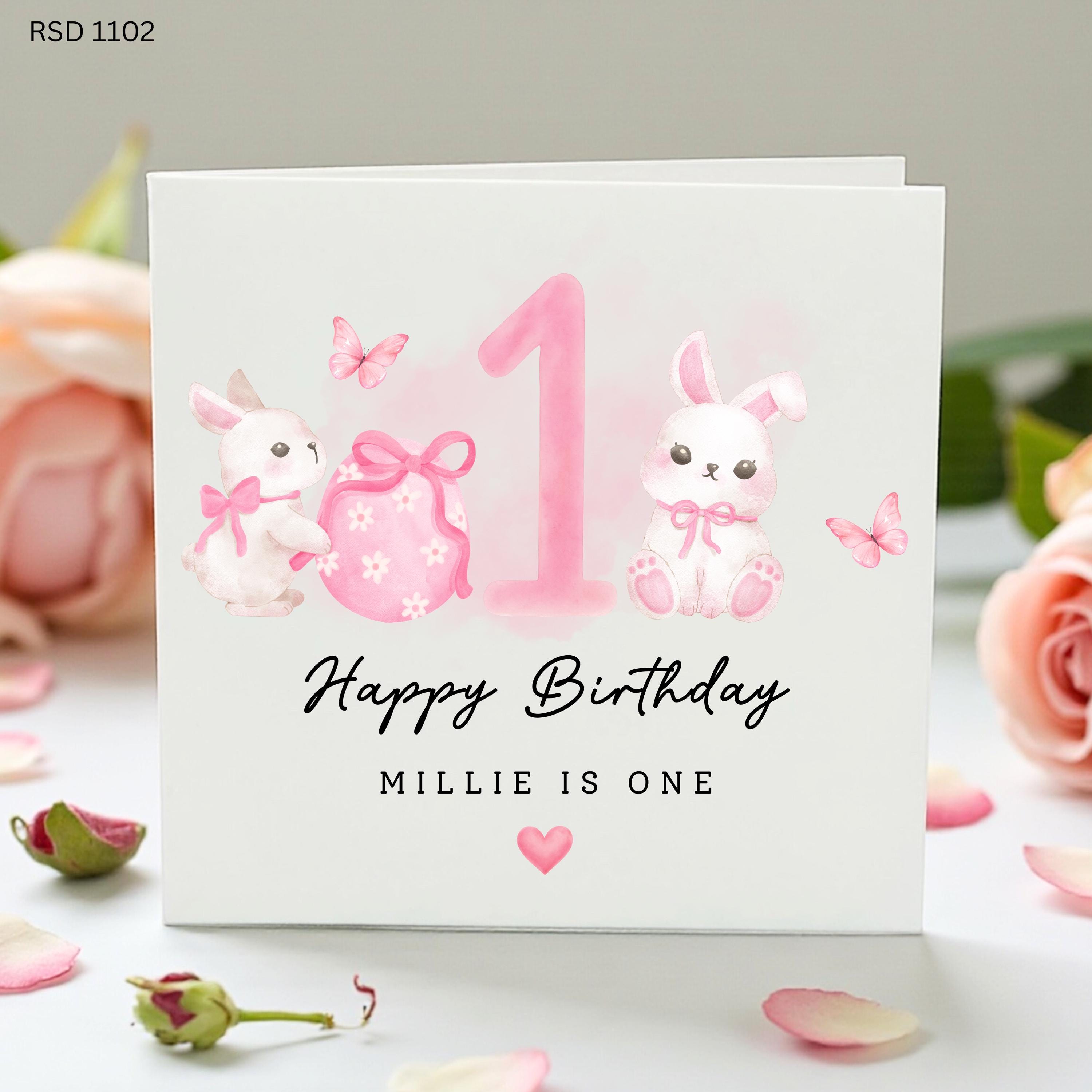 Personalised 1st Birthday Card For Girl, Pink Bunny Rabbit Birthday Card, Baby Girl First Birthday Card, Custom Name Card