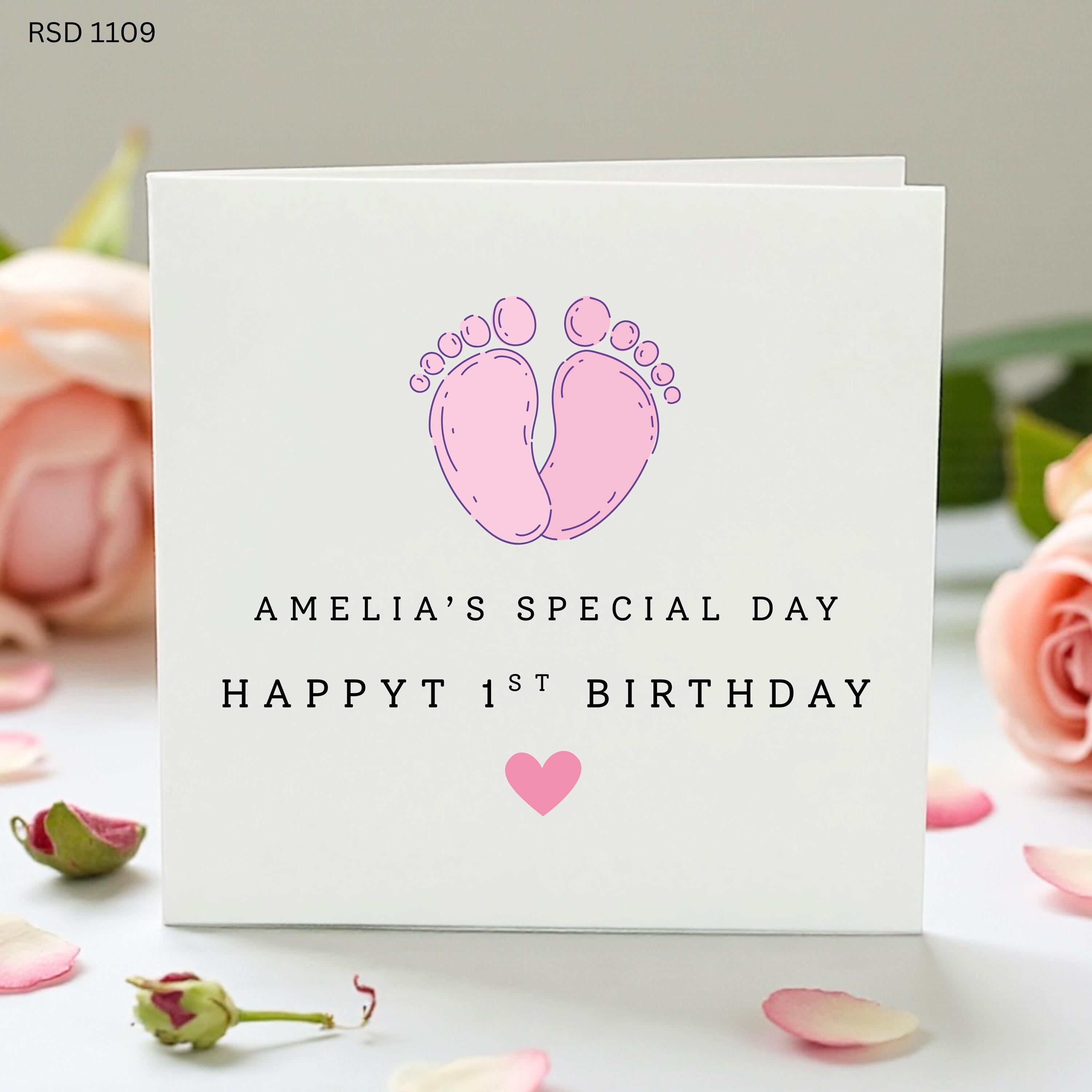 Personalised 1st Birthday Card For Girl, Pink Baby Feet Card, Custom Name First Birthday Card, Daughter Granddaughter Niece Card