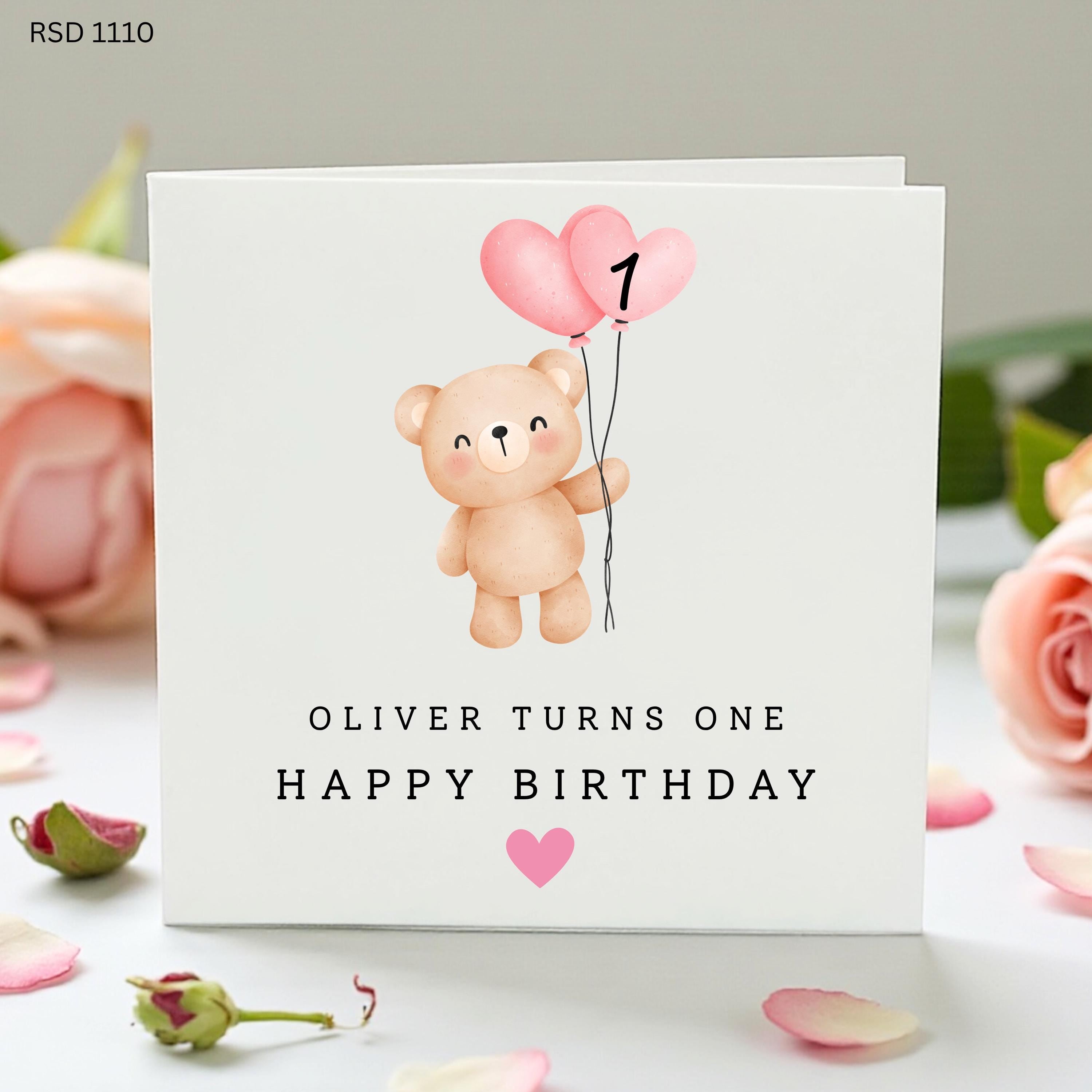 Personalised 1st Birthday Card, Cute Teddy Bear Balloon Card, Baby First Birthday Card, Custom Name Turns One Card