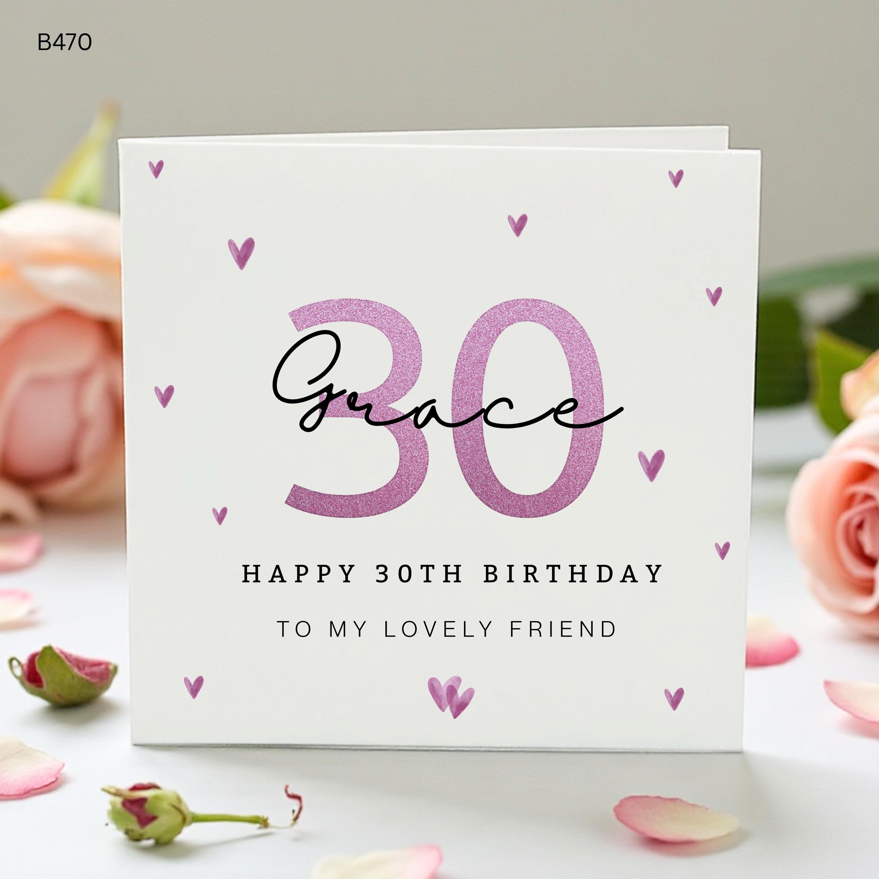 Personalised 30th Birthday Card for Friend, Custom Name 30 Card Pink Glitter Heart Milestone Birthday Card, Lovely Female Friend Gift