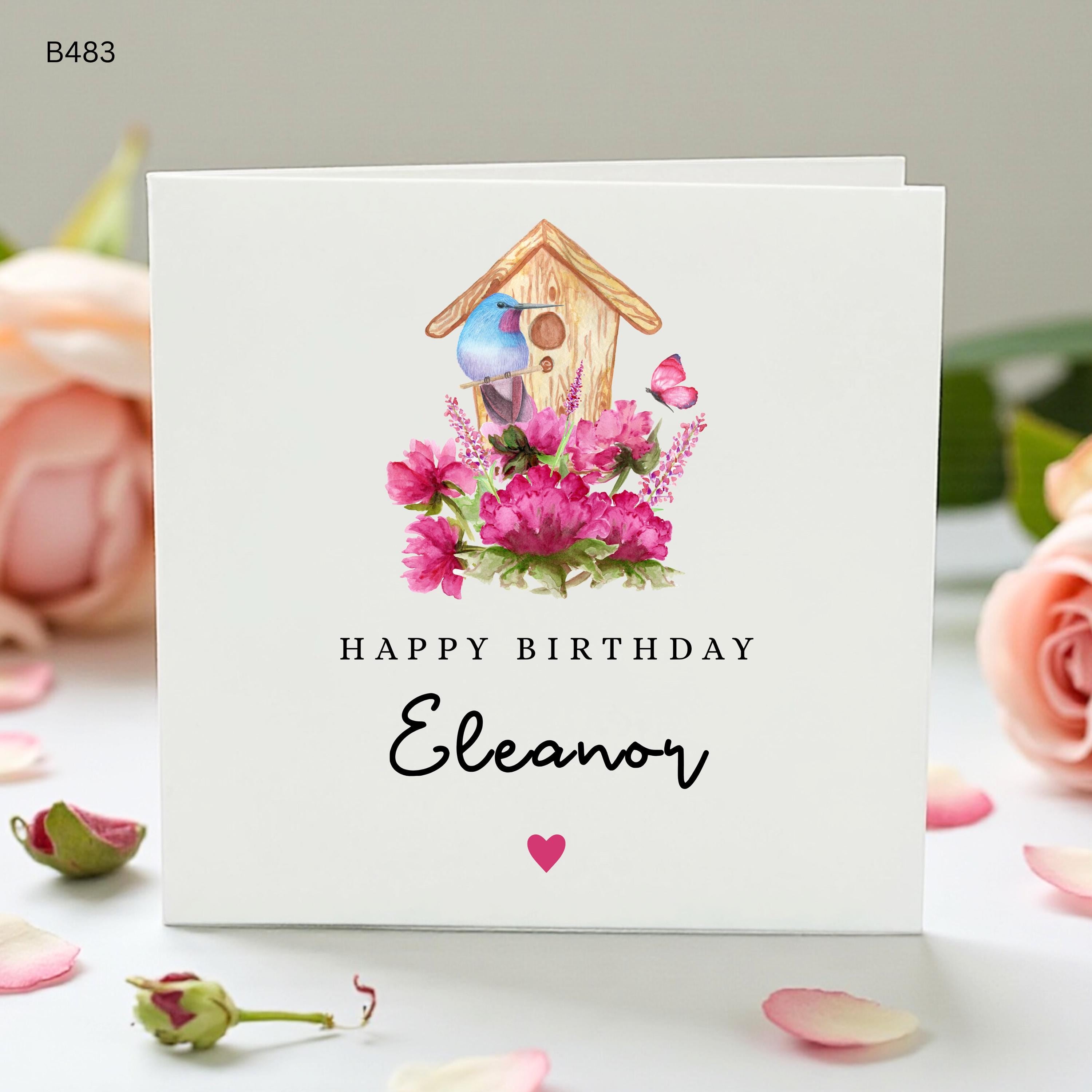 Personalised Birthday Card For Her, Eleanor Birthday Card, Floral Birdhouse Card, Watercolour Bird Butterfly Birthday Gift