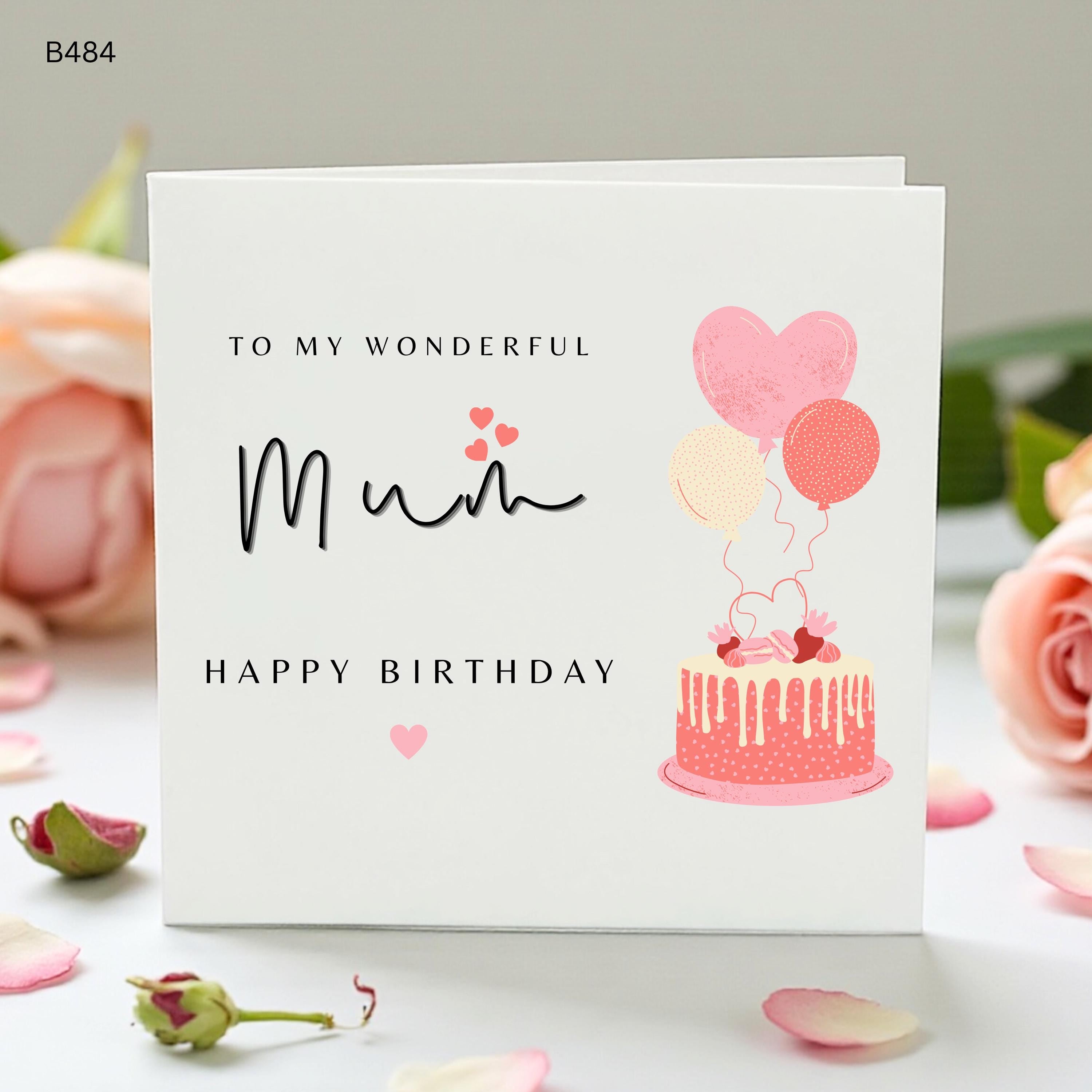 Personalised Mum Birthday Card, Wonderful Mum Card, Cute Cake Balloon Card, Birthday Gift For Mum From Son Daughter