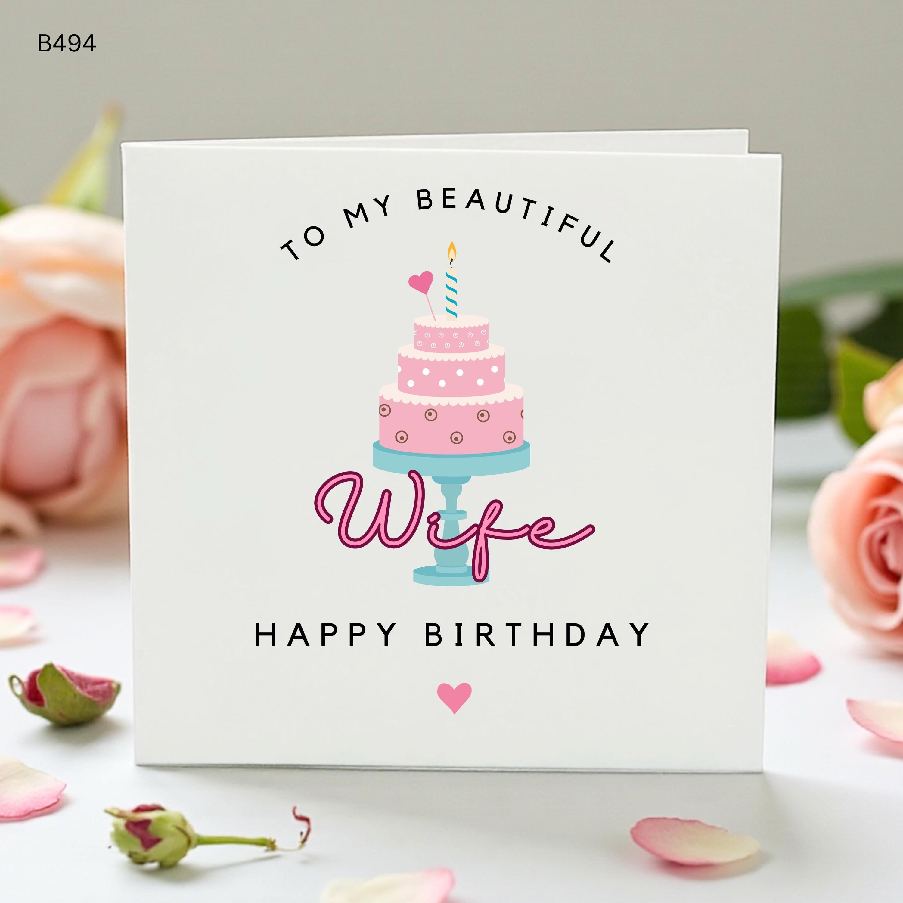 Wife Birthday Card, To My Beautiful Wife Card, Romantic Birthday Card For Her, Cute Pink Cake Card From Husband