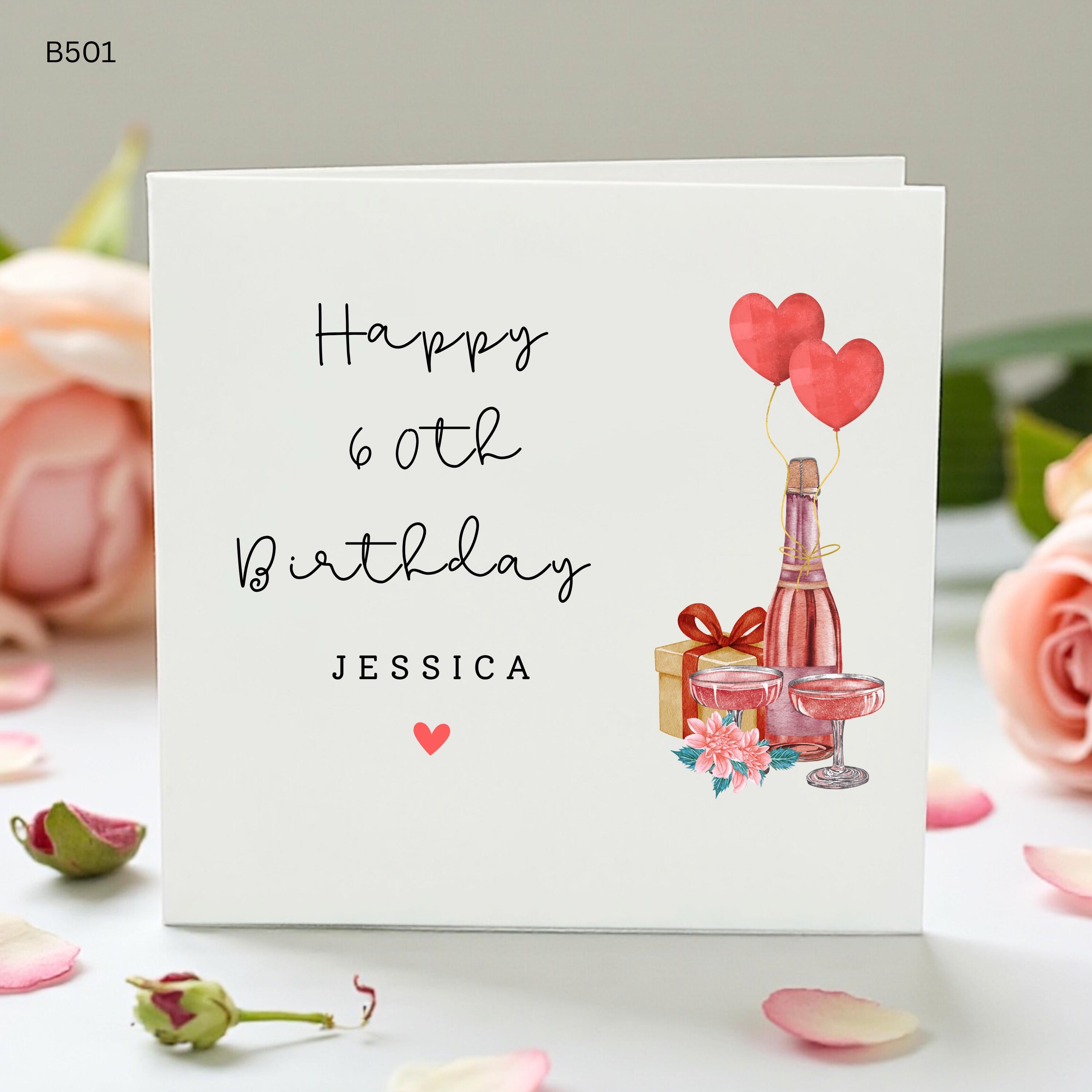 Personalised 60th Birthday Card for Her, Champagne Birthday Card, Custom Name Female 60th Card, Prosecco Gift Card