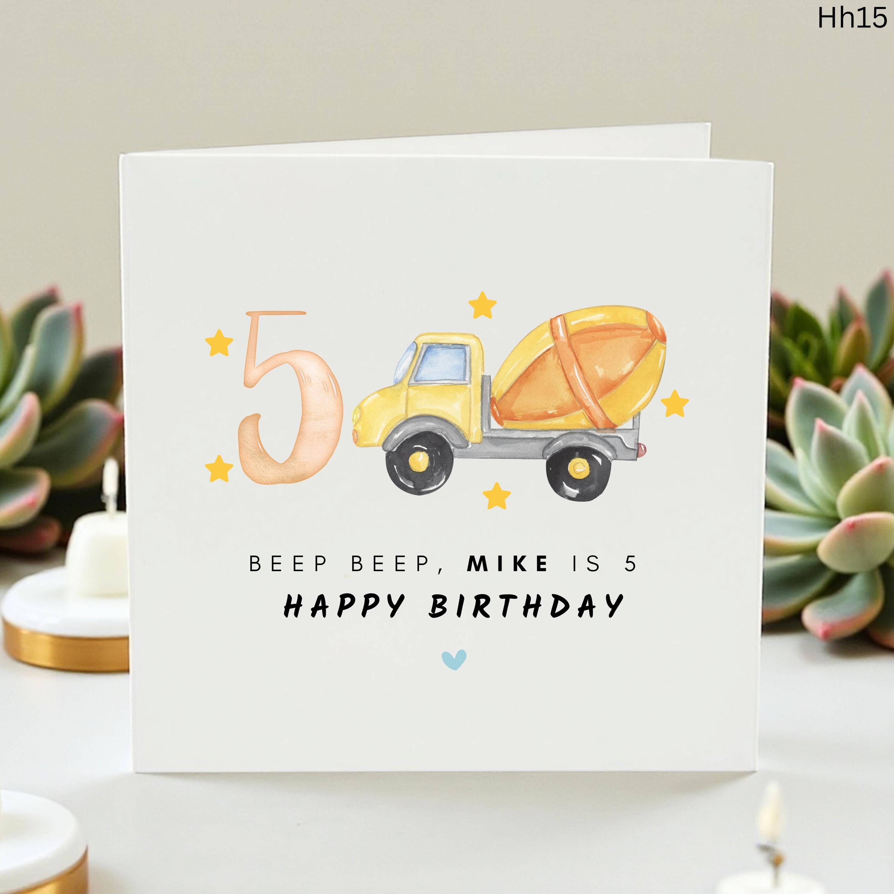 Personalized 5th Birthday Card for Boy, Cement Mixer Construction Truck Birthday Card, Custom Name Fifth Birthday Card, Kids Age 5 Card Mike