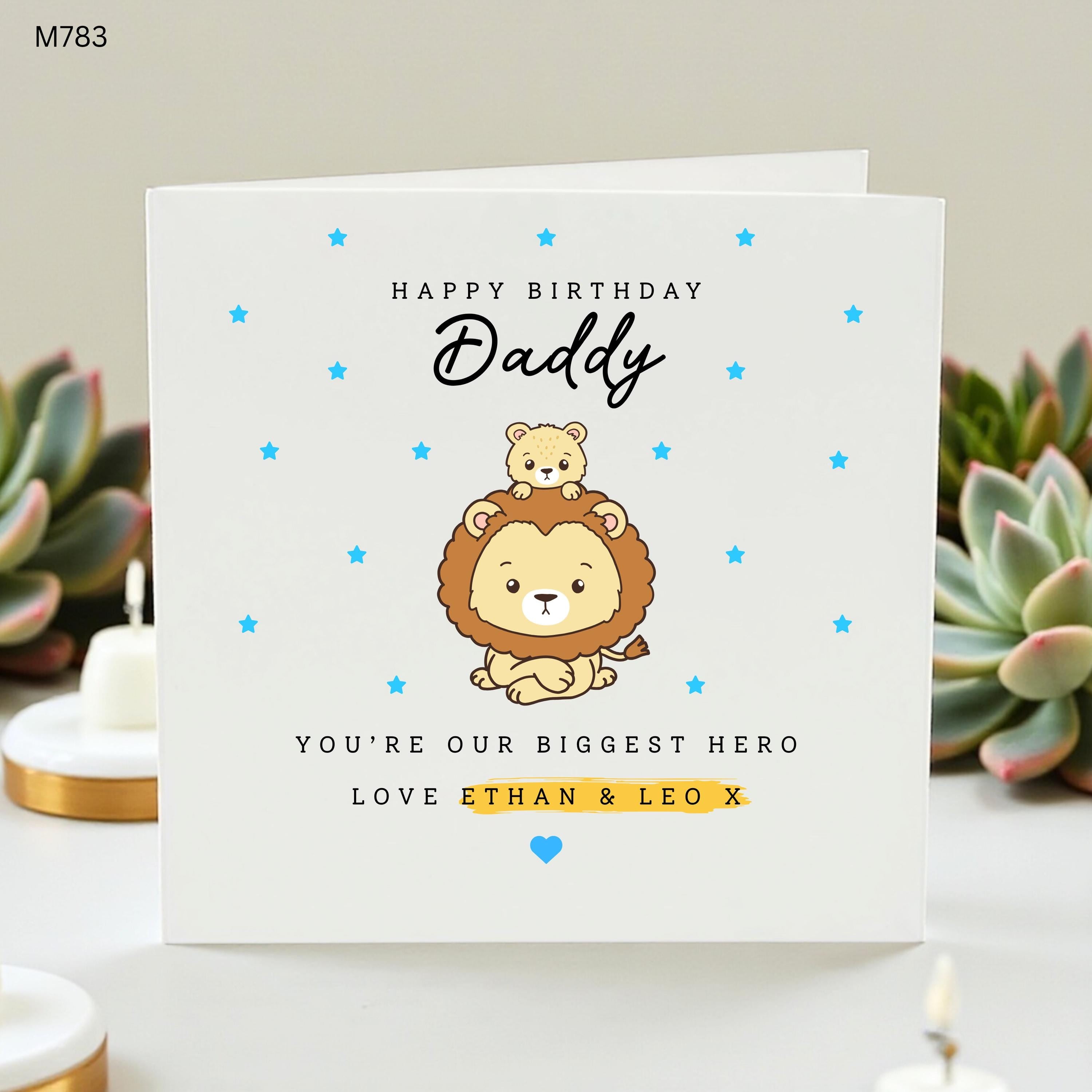 Daddy Birthday Card, Personalised Dad Birthday Card from Kids, Cute Lion Daddy Card, You’re Our Biggest Hero, Gift from Son Daughter