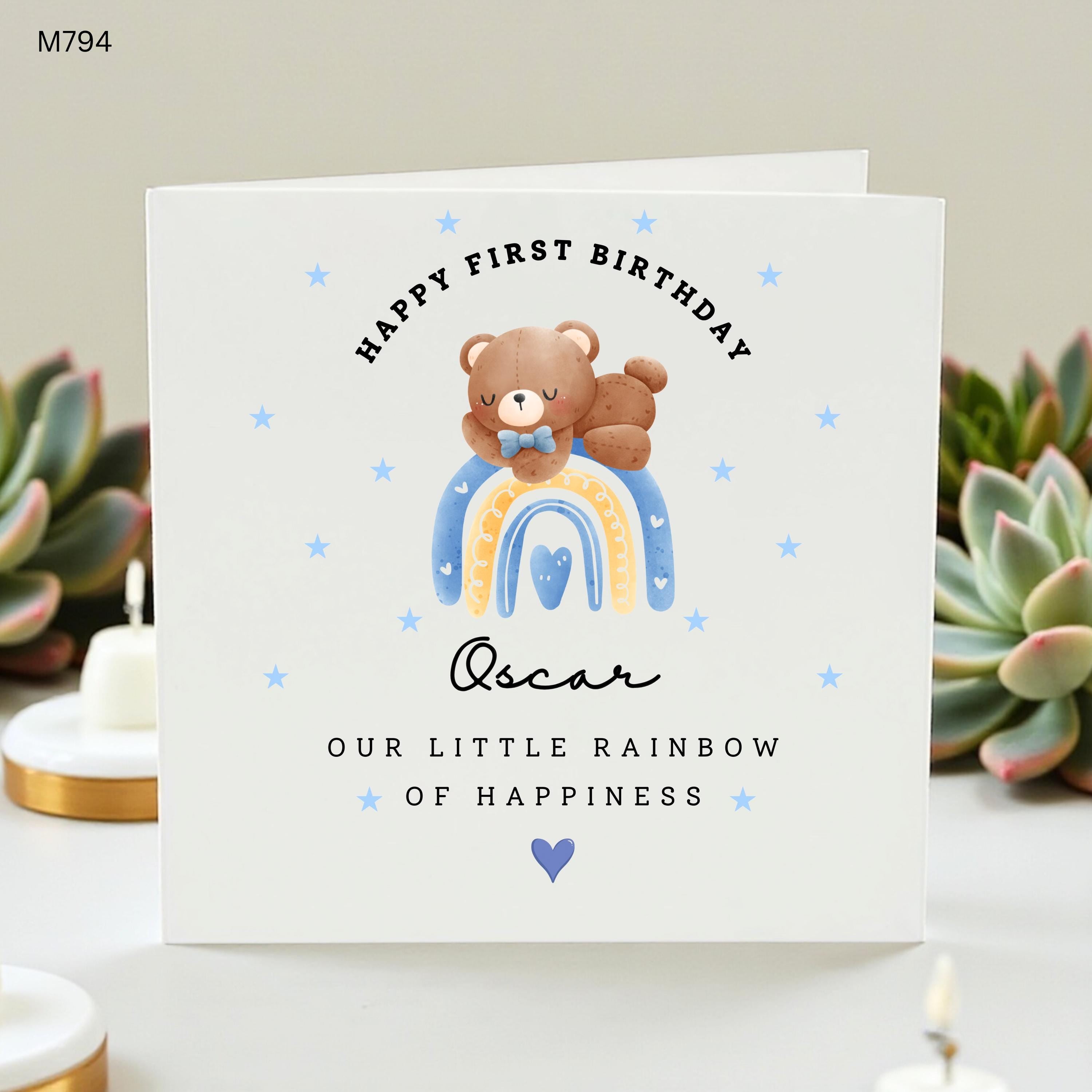 Personalised 1st Birthday Card, Baby Boy First Birthday Card, Teddy Bear Rainbow Card, Son Grandson Nephew Gift
