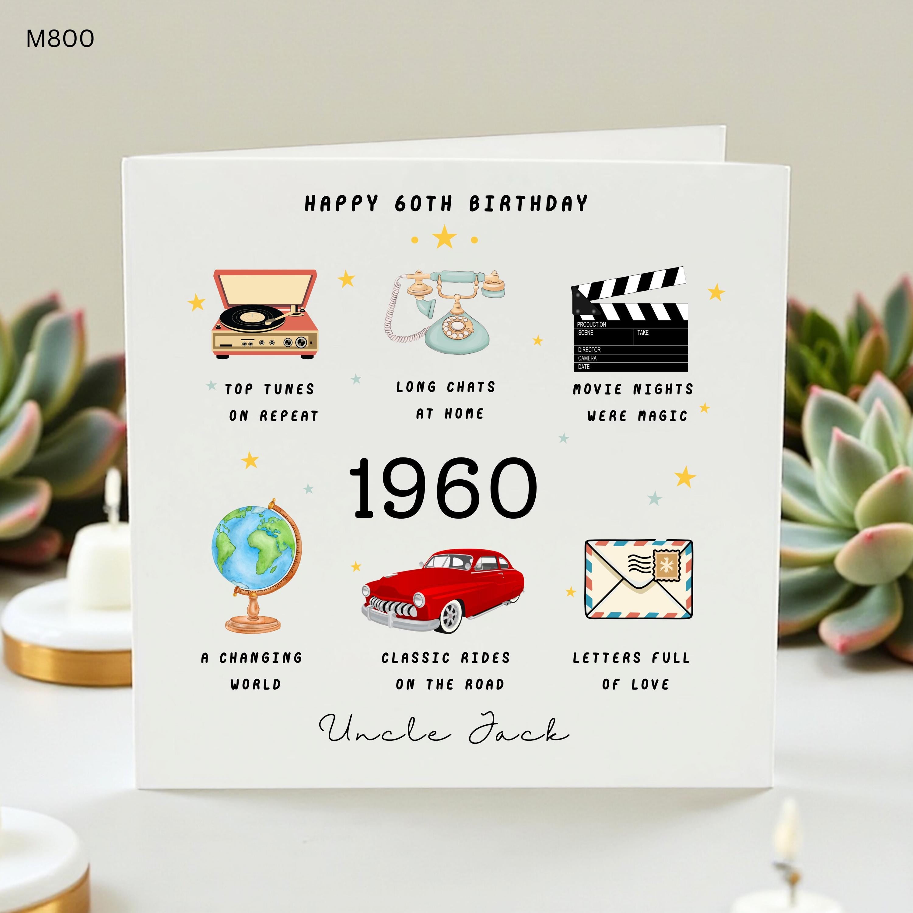 Personalised 60th Birthday Card, Uncle Birthday Card, Born In 1960 Retro Vintage Card, Custom Name Milestone Gift
