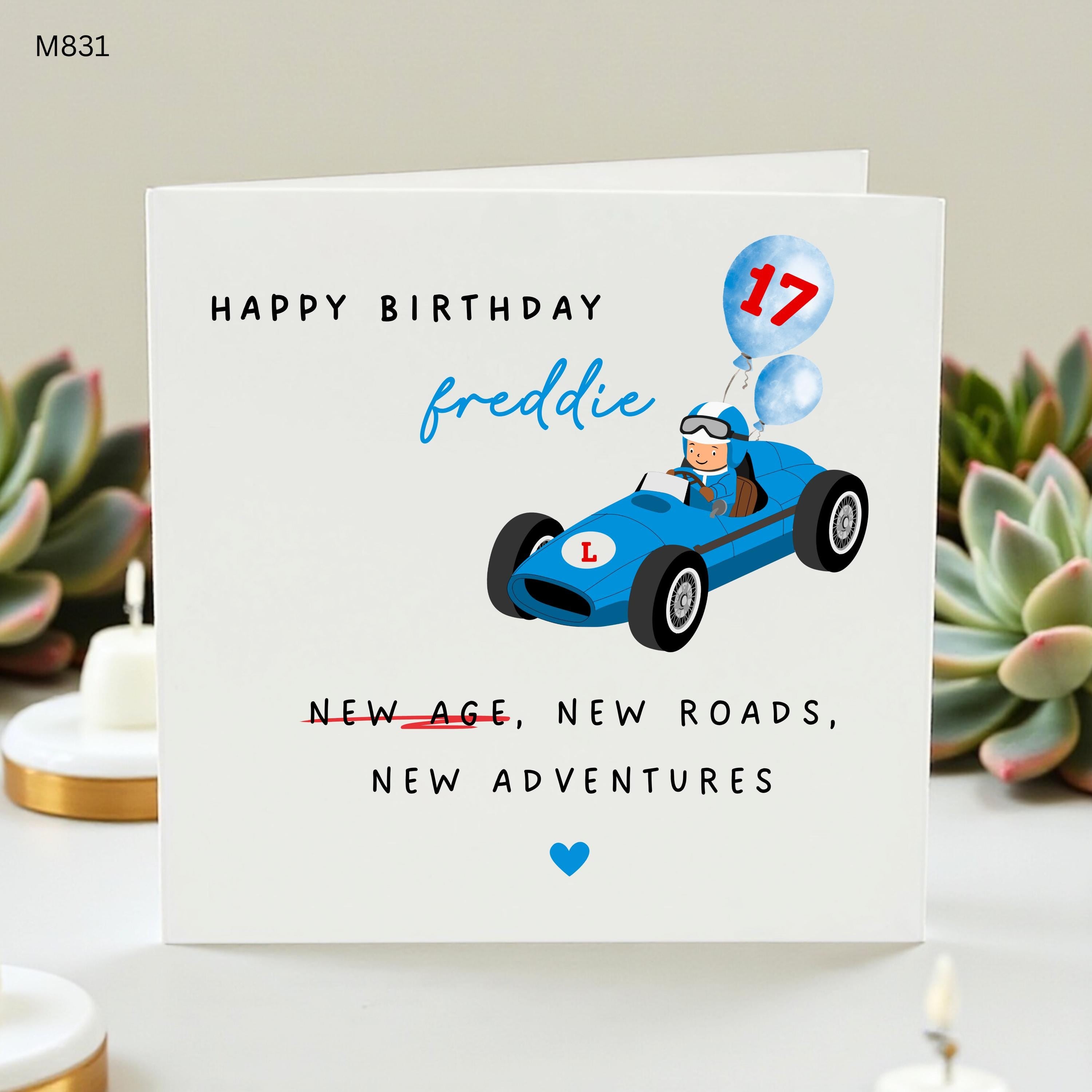 Personalised 17th Birthday Card, Racing Car Birthday Card, New Driver Card, Custom Name Card For Son Grandson Nephew