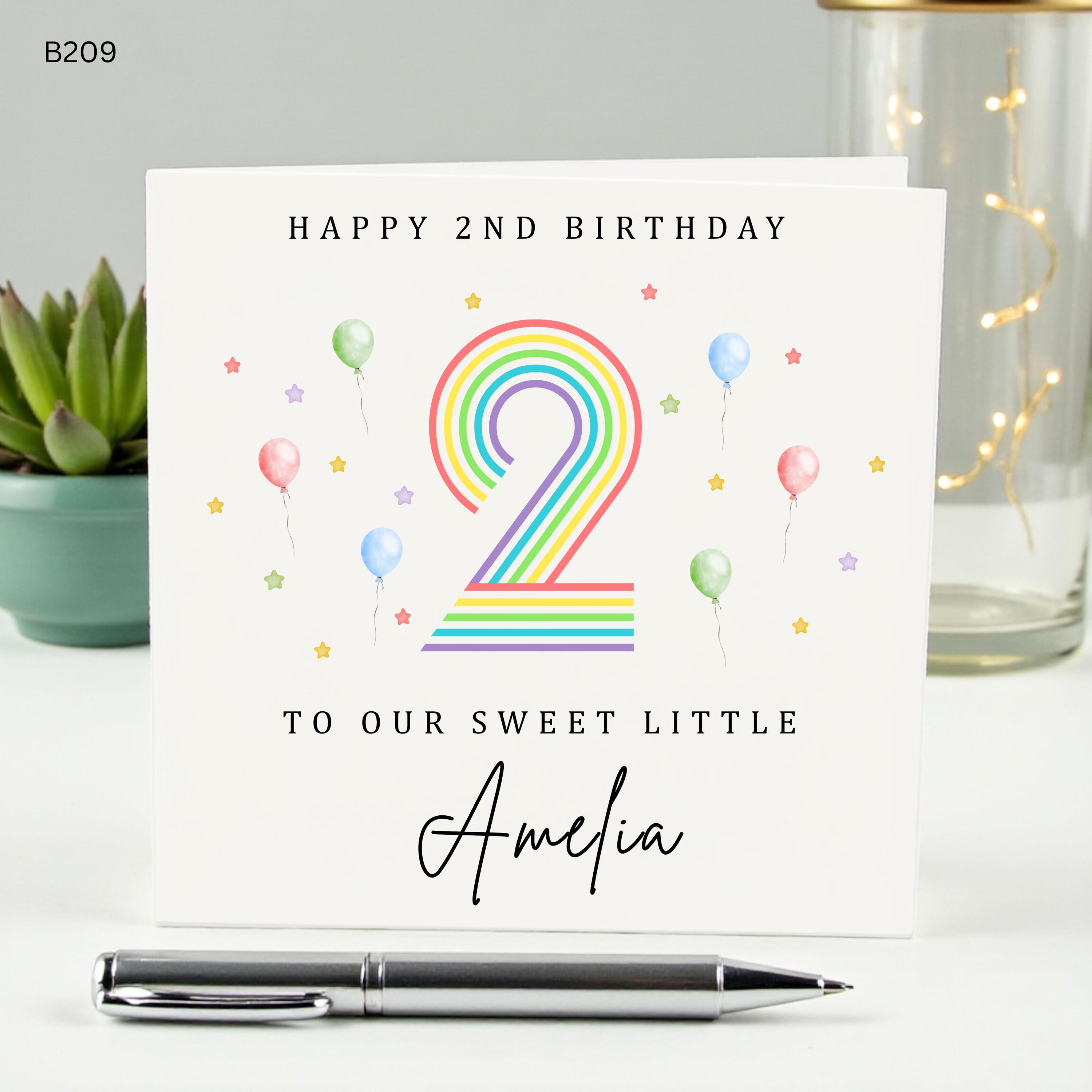 Personalized 2nd Birthday Card for Girl or Boy, Rainbow Second Birthday Gift, Custom Name Card for Daughter Son, Sweet Little 2 Year Old