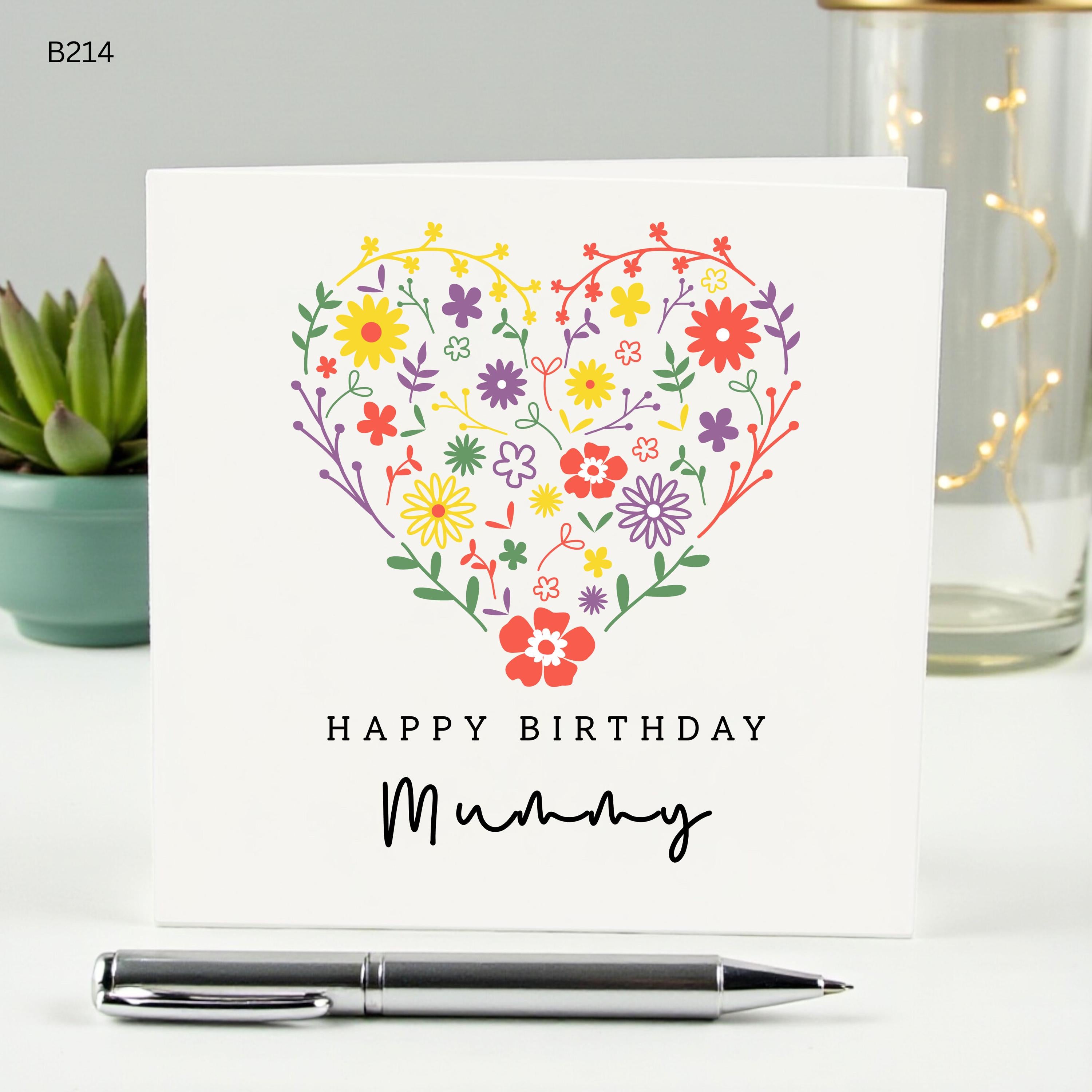 Personalized Mummy Birthday Card, Floral Heart Card for Mum, Custom Name Birthday Gift for Mother Her, Colorful Wildflower Heart Card Mummy