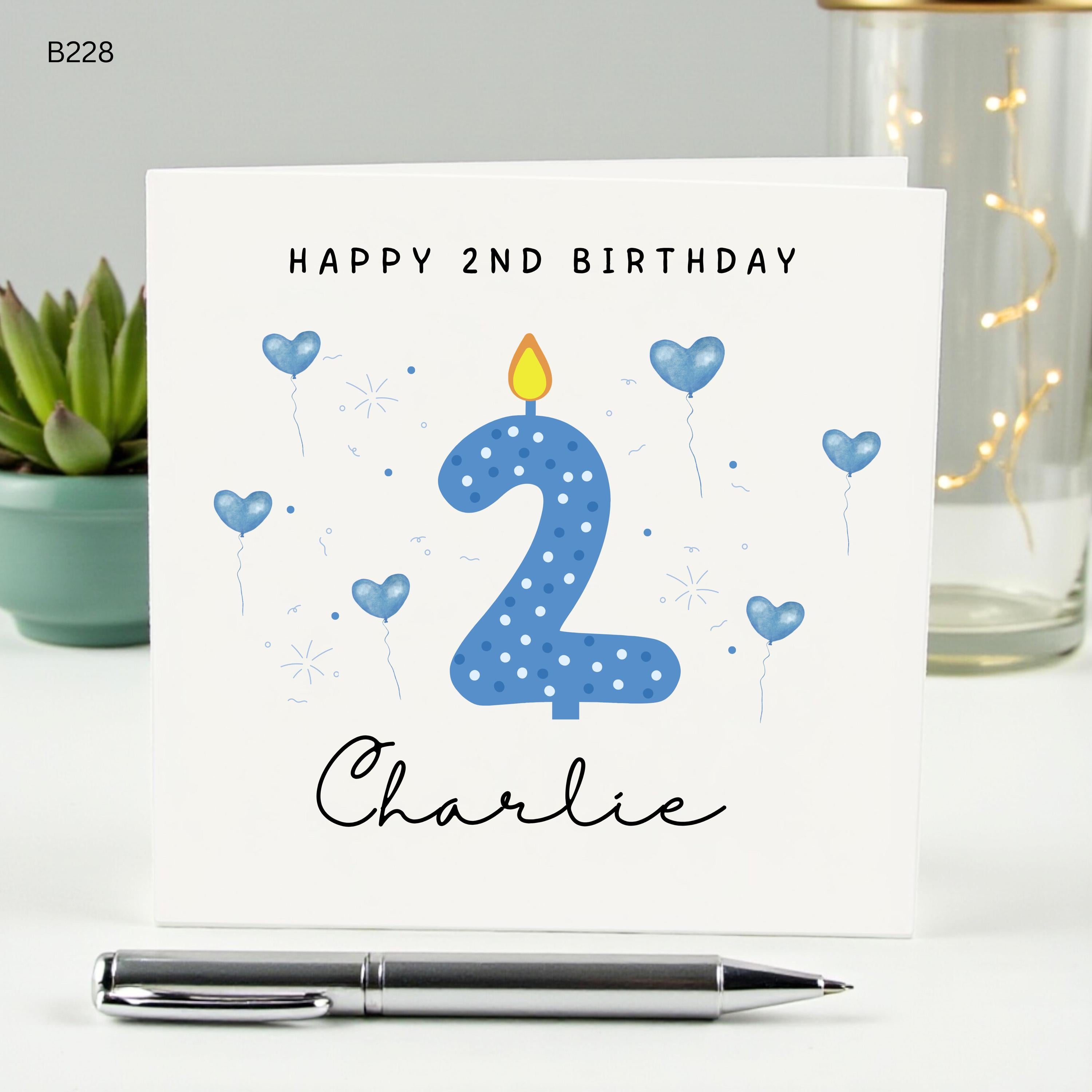 Personalized 2nd Birthday Card for Boys, Custom Name Age 2 Birthday Card, Happy 2nd Birthday Charlie, Blue Candle Heart Balloon Card,