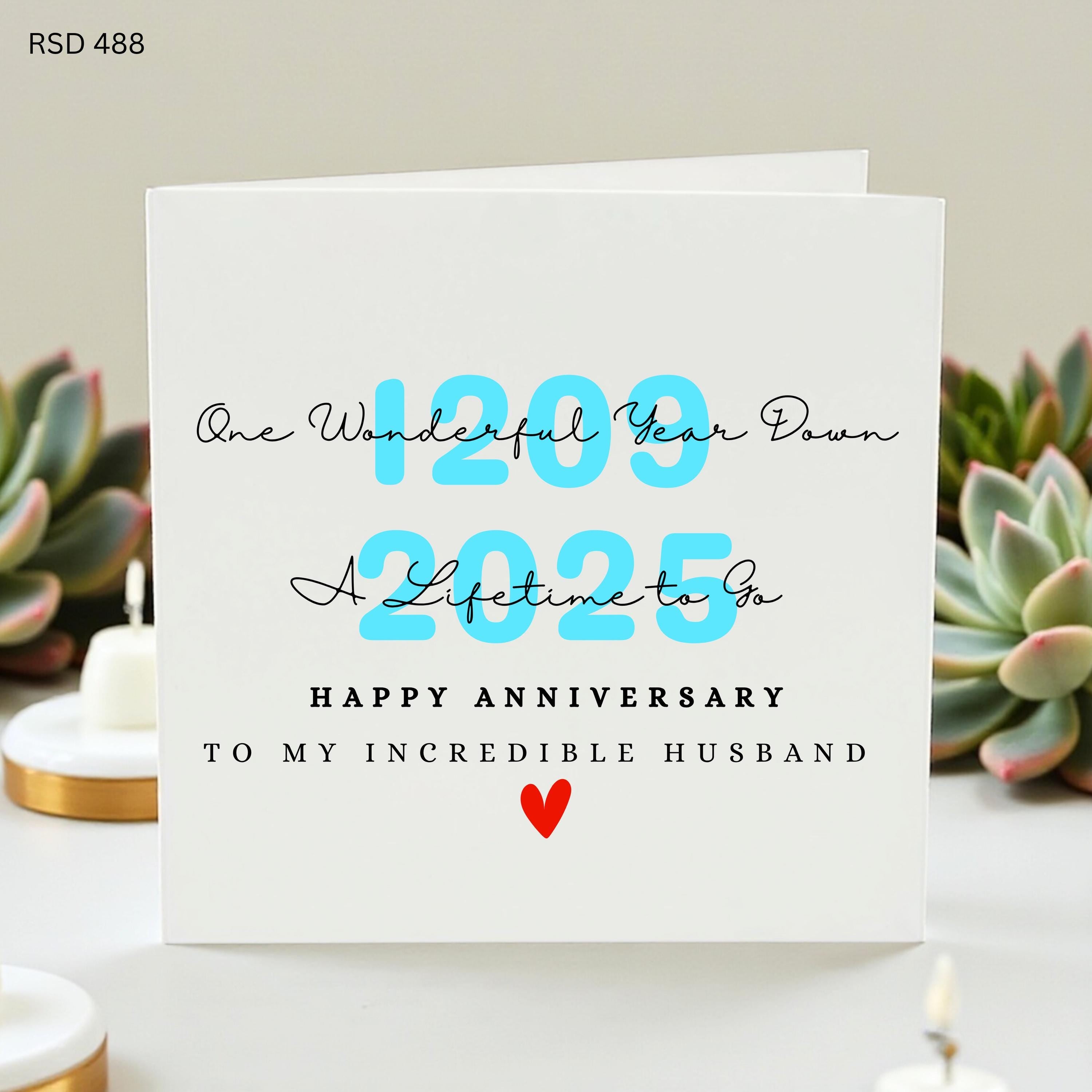 One Wonderful Year Down Anniversary Card for Husband, Custom Date First Wedding Anniversary Gift, Elegant Red Heart Card for Him, Lifetime