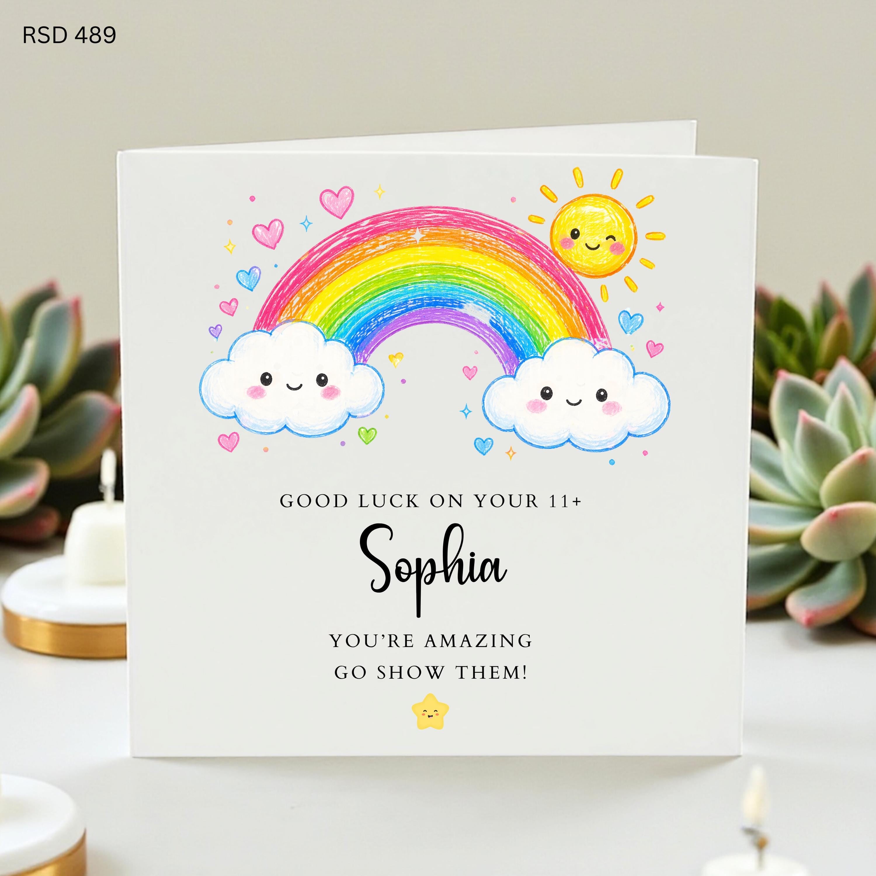 Personalised 11 Plus Good Luck Card, Exam Success Card for Child, Rainbow Congratulations Card, Daughter Son Grandchild Gift