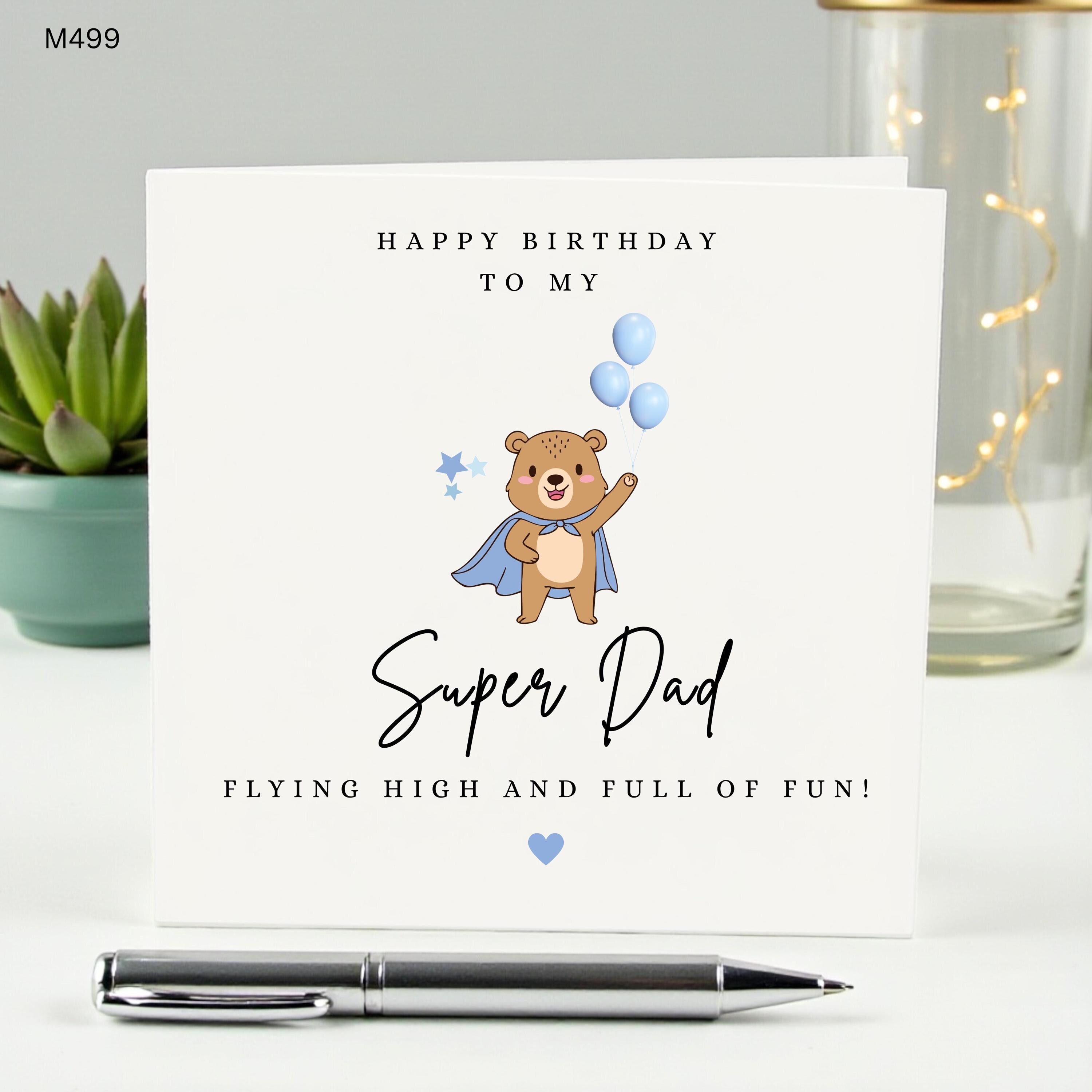 Happy Birthday Super Dad Card, Cute Bear Superhero Birthday Card for Daddy, Flying High and Full of Fun, Card from Son or Daughter, Blue