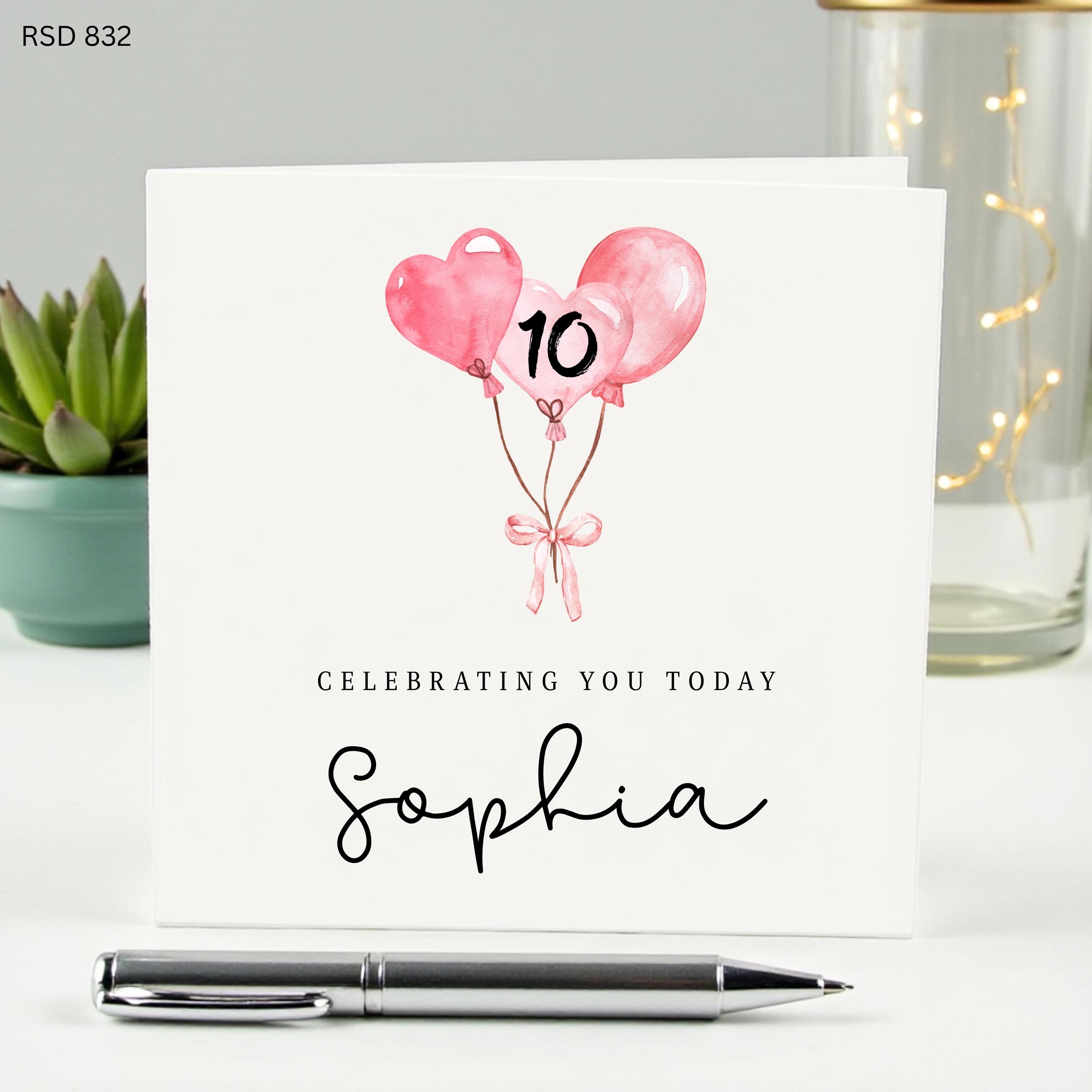 Personalized 10th Birthday Card for Daughter Granddaughter, Watercolor Pink Heart Balloons, Double Digits Custom Name Card for Girls, Age 10