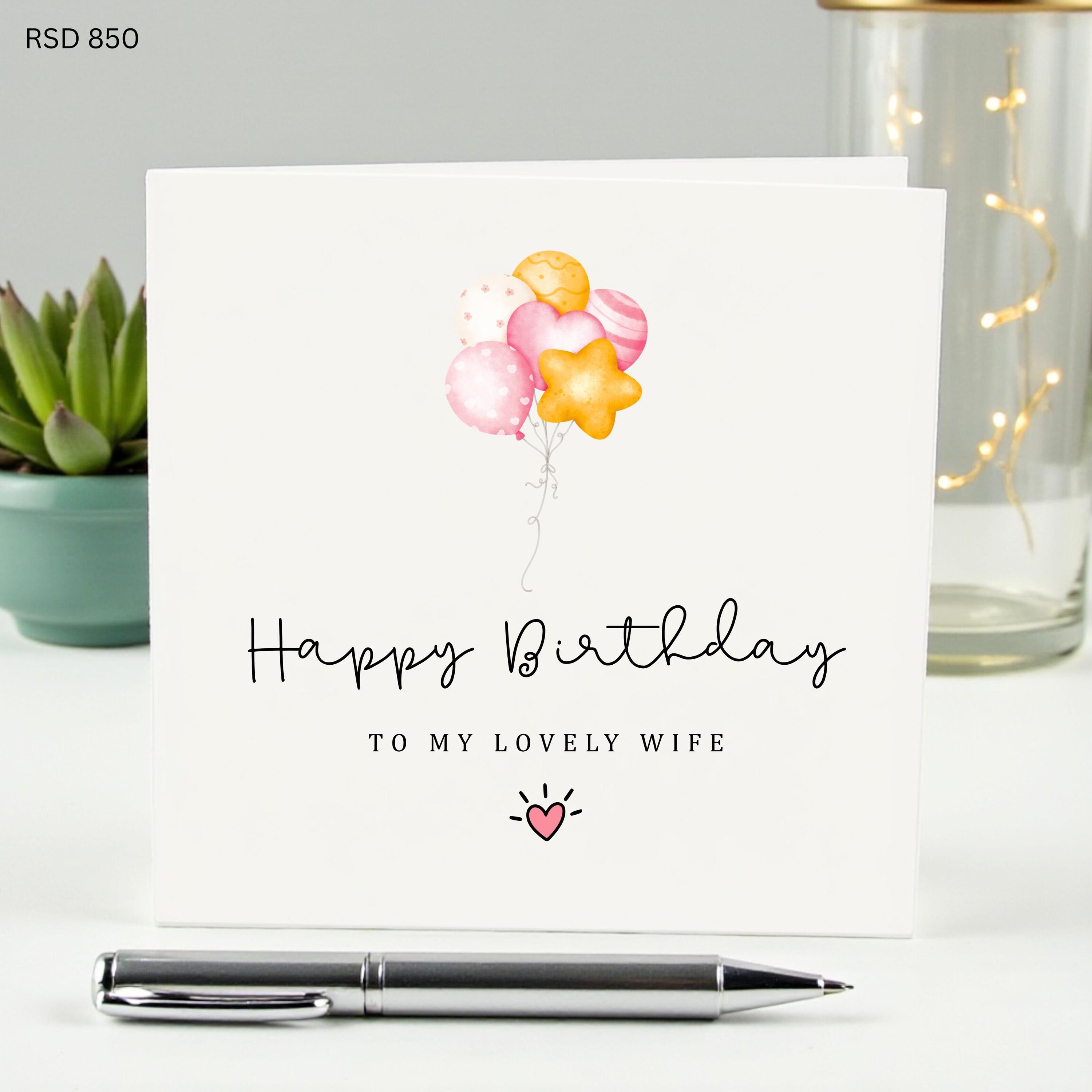 Happy Birthday to My Lovely Wife Card, Elegant Watercolor Balloons Birthday Card for Her, Minimalist Romantic Birthday Card for Wife