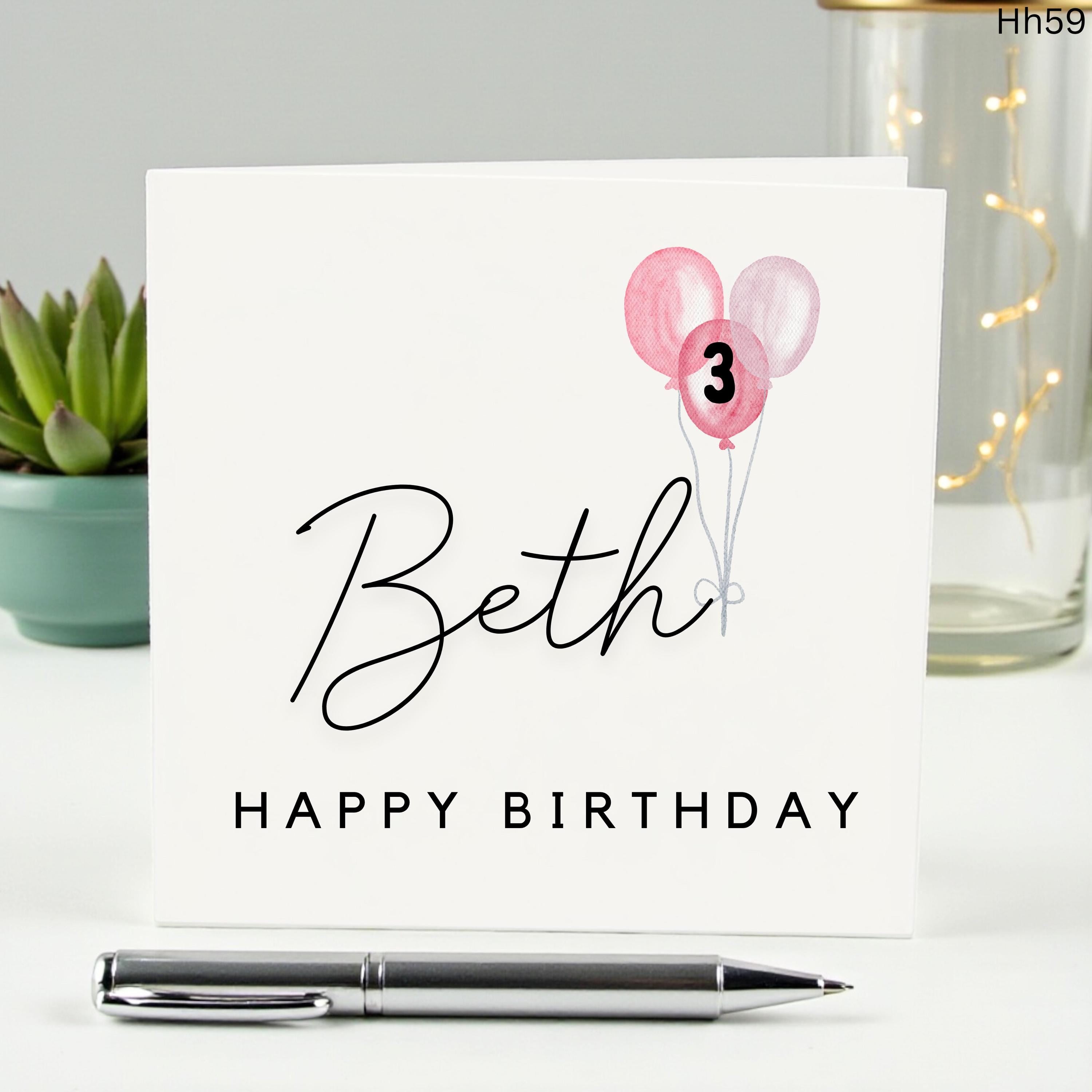 Personalized 3rd Birthday Card for Girls, Custom Name Birthday Card, Pink Balloons Girl Birthday Card, Daughter Granddaughter 3rd Card Hh59