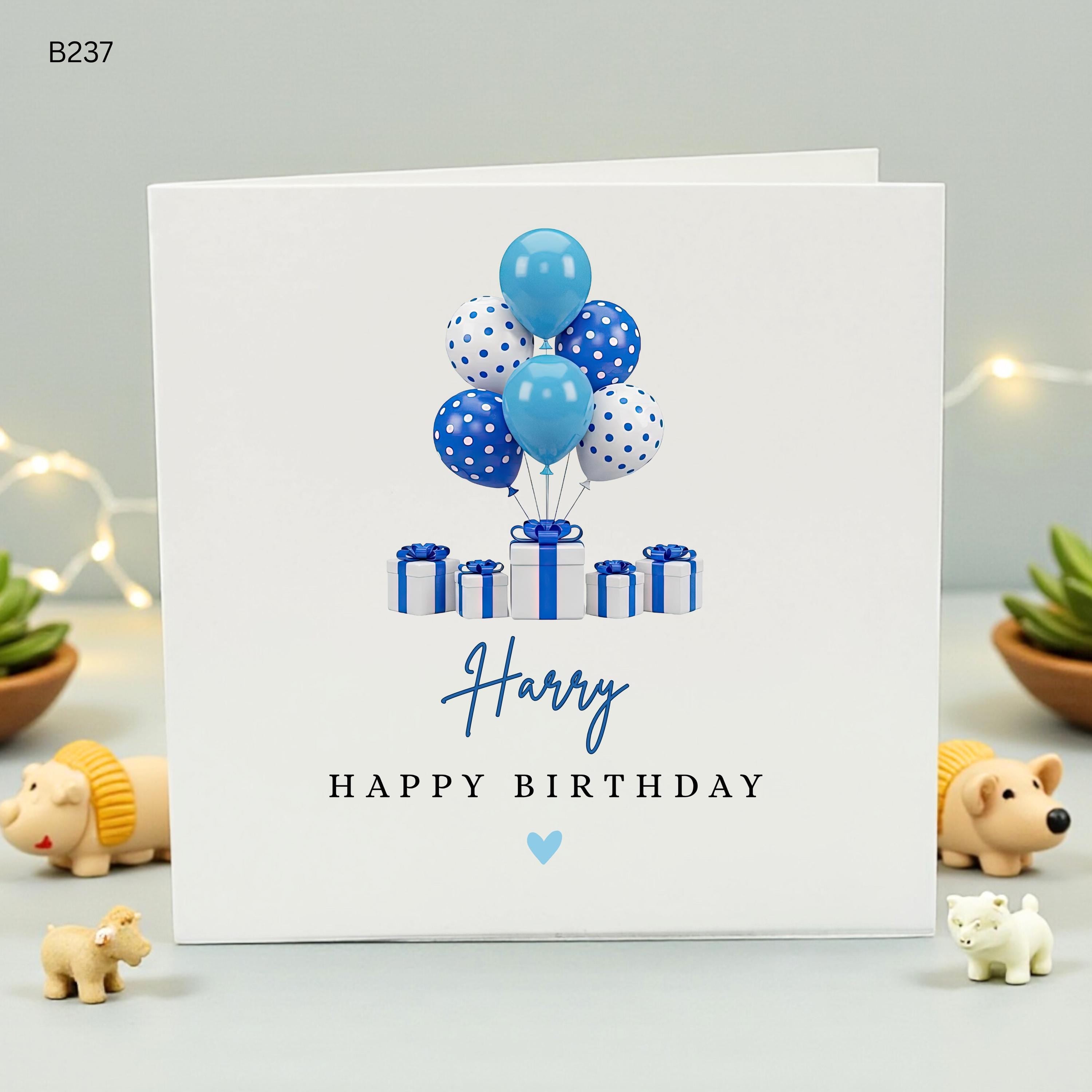 Personalized Birthday Card for Him, Custom Name Any Age Birthday Card for Son Grandson Brother, Blue Balloons and Gifts Design Card