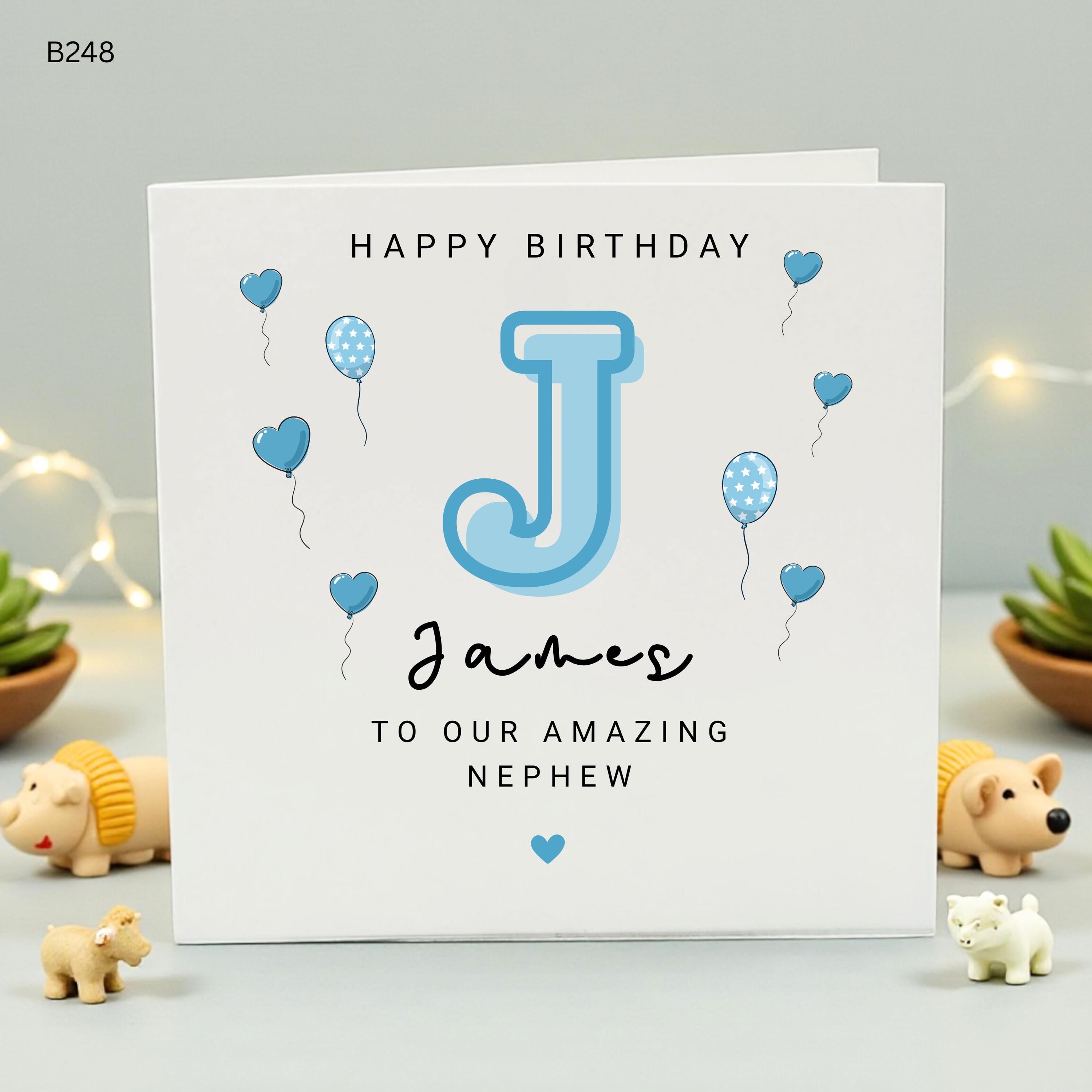 Personalised Nephew Birthday Card, Blue Initial Custom Name Card for Boys, To Our Amazing Nephew Birthday Gift, Cute Blue Balloon Card Him