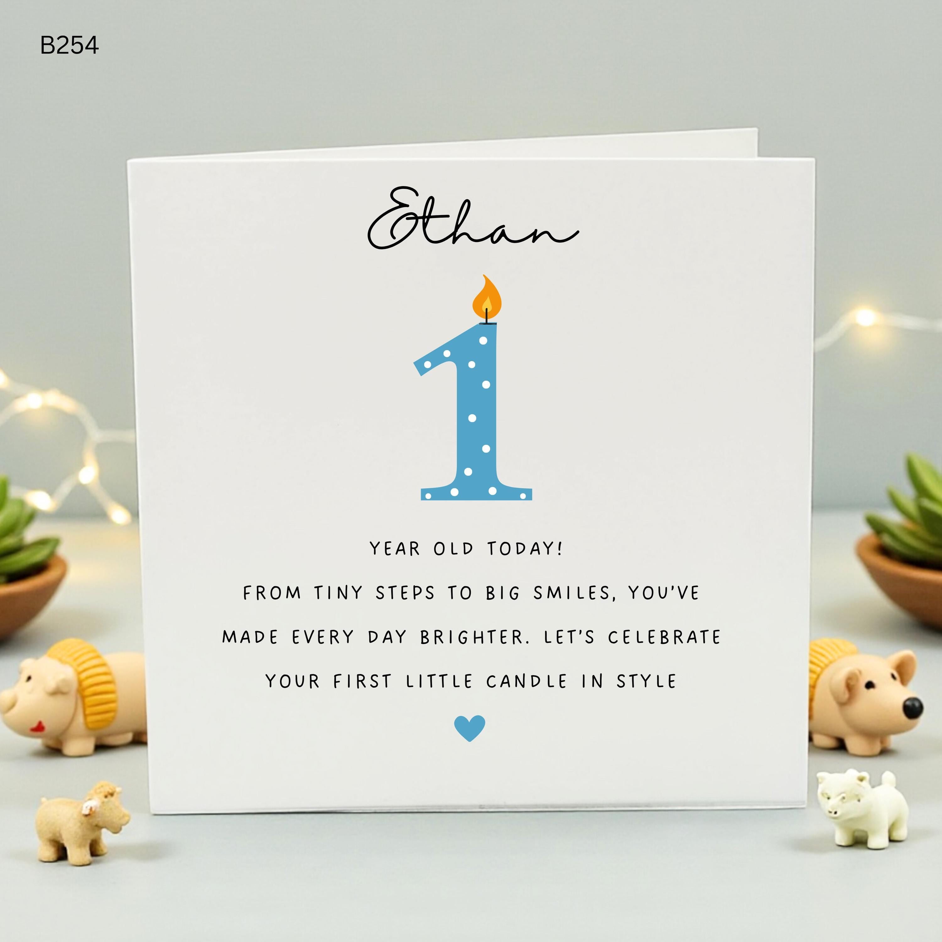 Personalized 1st Birthday Card for Boy, Custom Name First Birthday Card, Son Grandson Nephew 1 Year Old Card, Blue Candle Birthday Gift