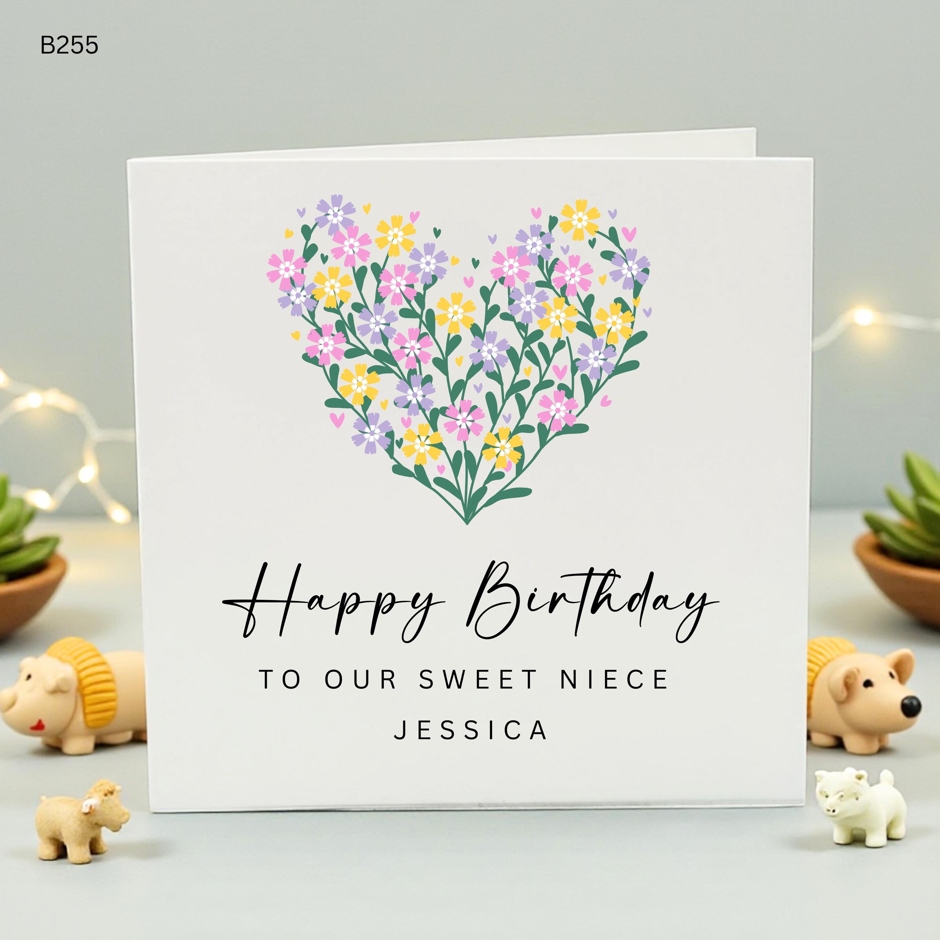 Personalized Niece Birthday Card, Custom Name Birthday Card for Her, Sweet Jessica Floral Heart Greeting Card, Handmade Wildflower Card