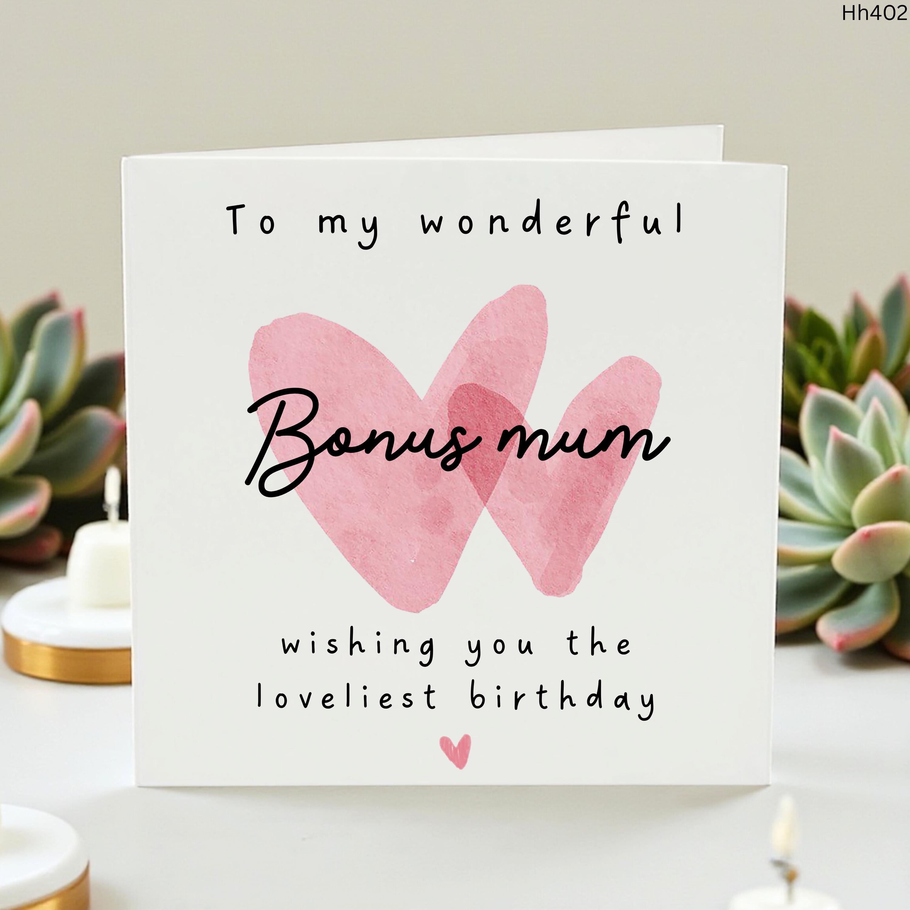Bonus Mum Birthday Card, Personalised Bonus Mum Card, Wonderful Step Mum Birthday Card, Pink Heart Birthday Card Gift