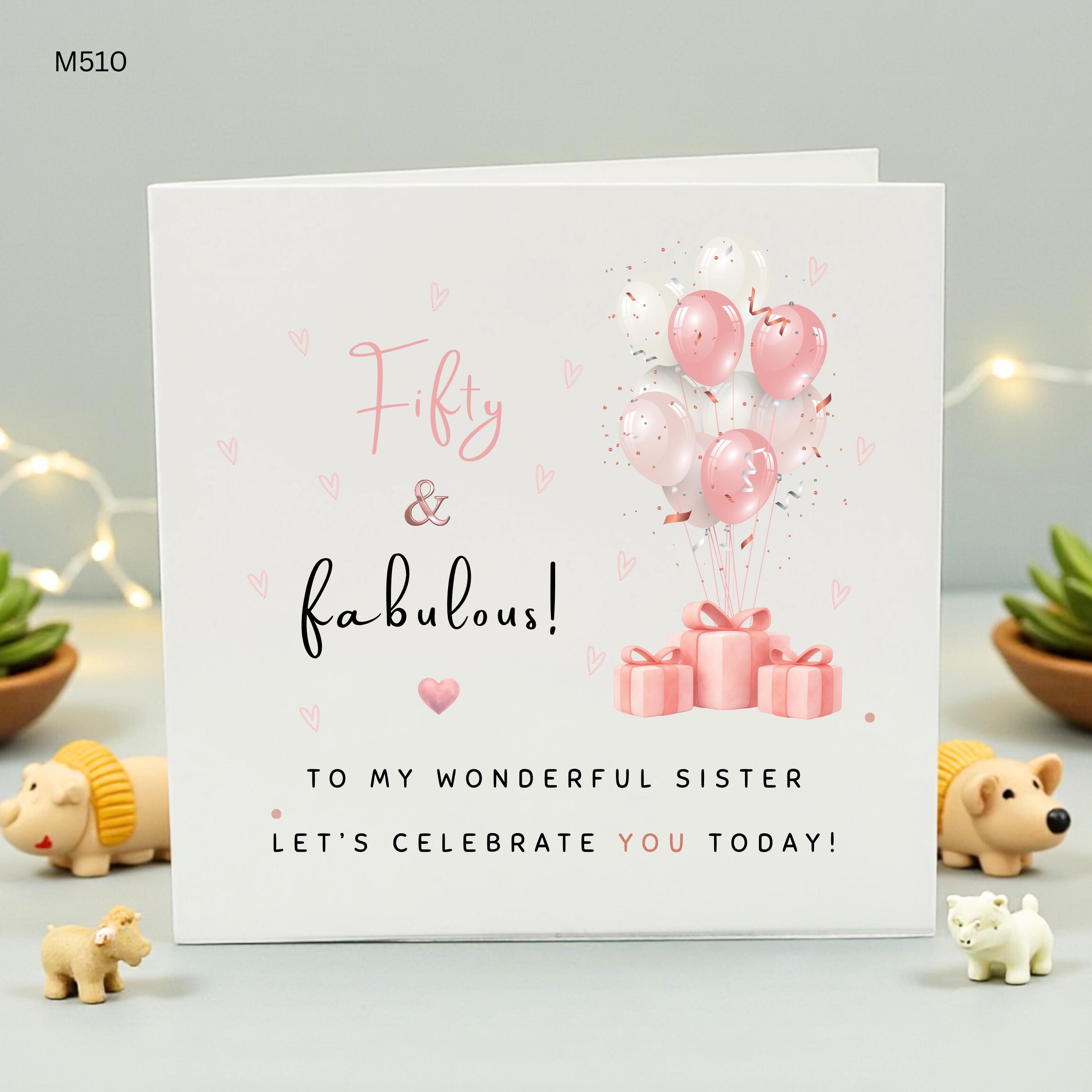 Fifty and Fabulous 50th Birthday Card for Sister, Personalized Pink Balloons Birthday Card, Fifty Birthday Gift for Her, Custom Sister Card