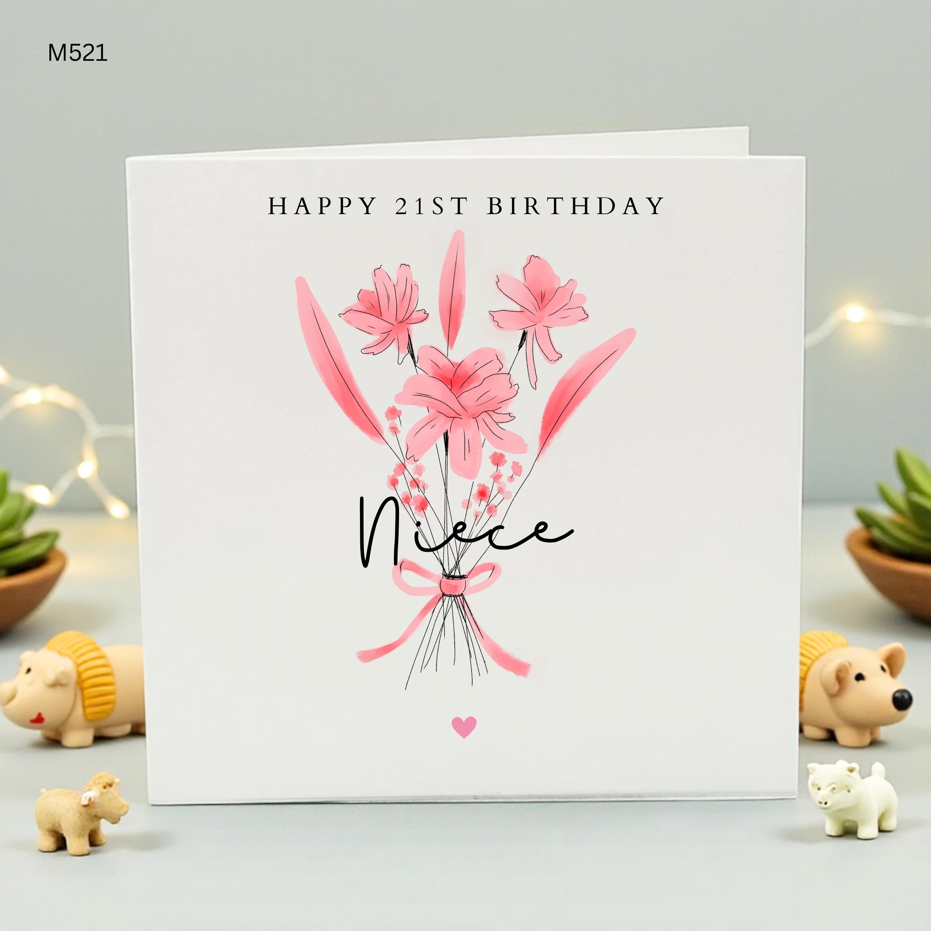 Personalized 21st Birthday Card for Niece, Pink Floral Twenty First Birthday Card, Happy 21st Birthday Niece, Niece Milestone Birthday Gift