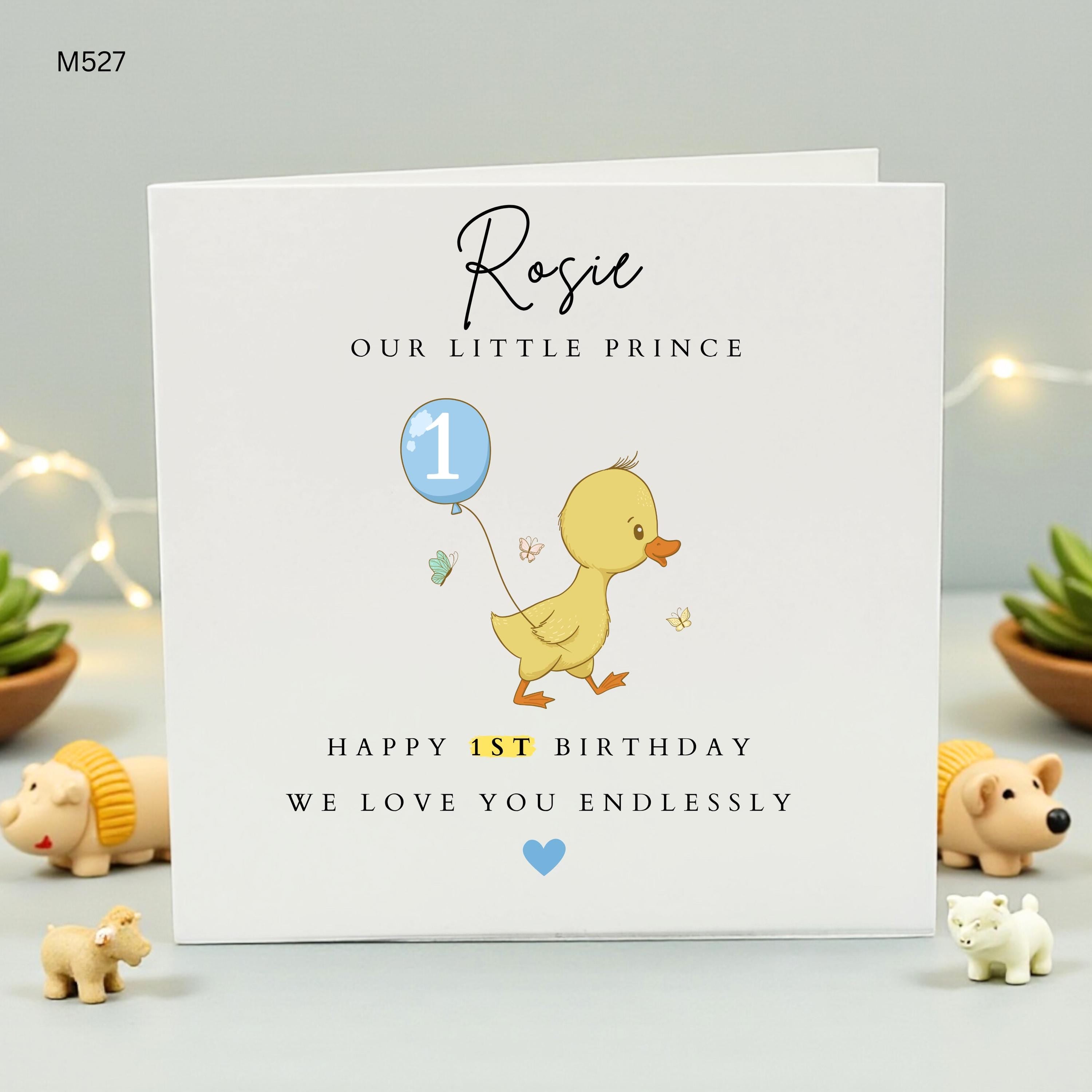 Personalized 1st Birthday Card for Rosie, Little Prince Duckling First Birthday Card for Son or Grandson, Cute Duck Theme One Year Old Gift