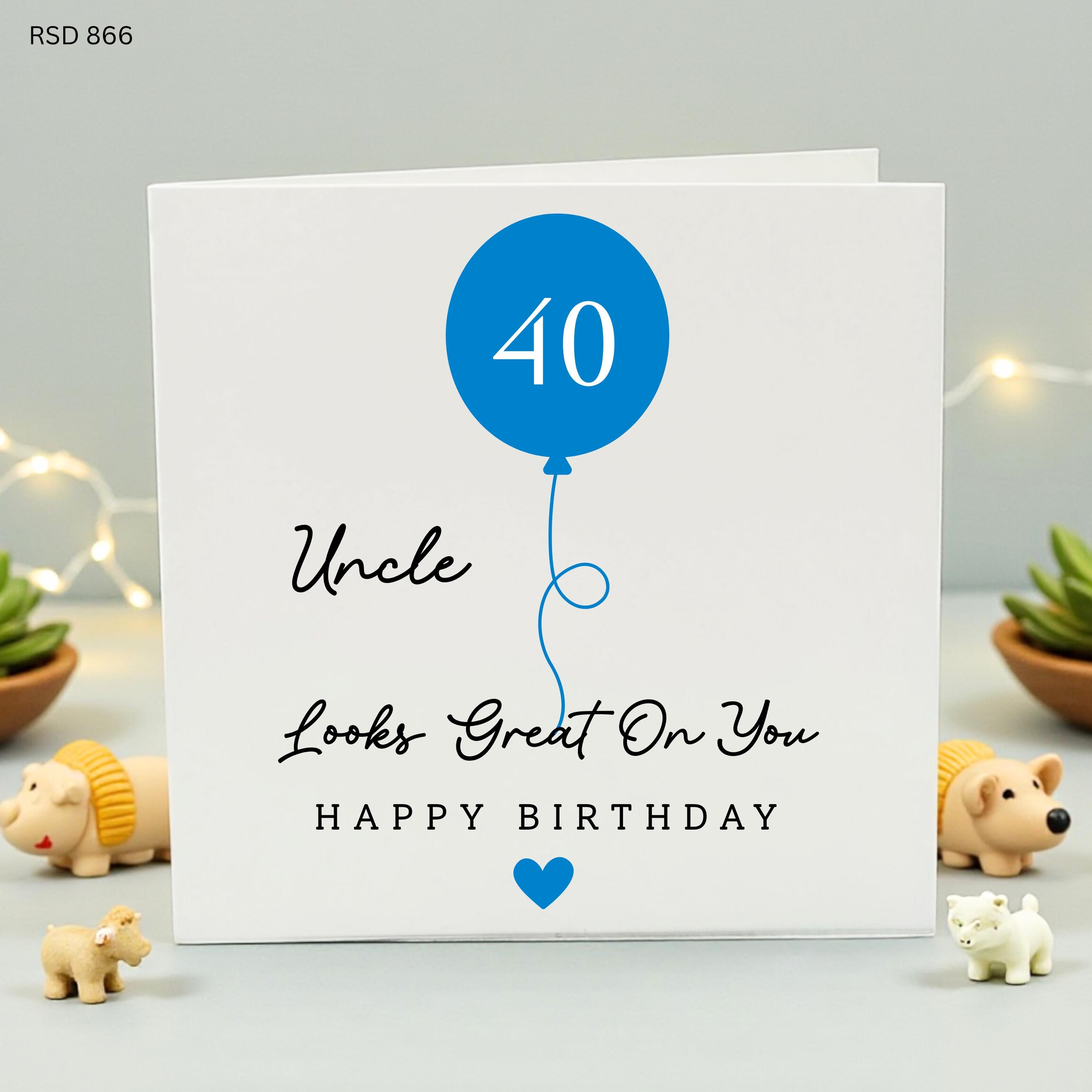 40th Birthday Card for Uncle, Minimalist Blue Balloon Card for Him, Simple Fortieth Birthday Gift, Uncle 40 Years Old, Modern Square Card