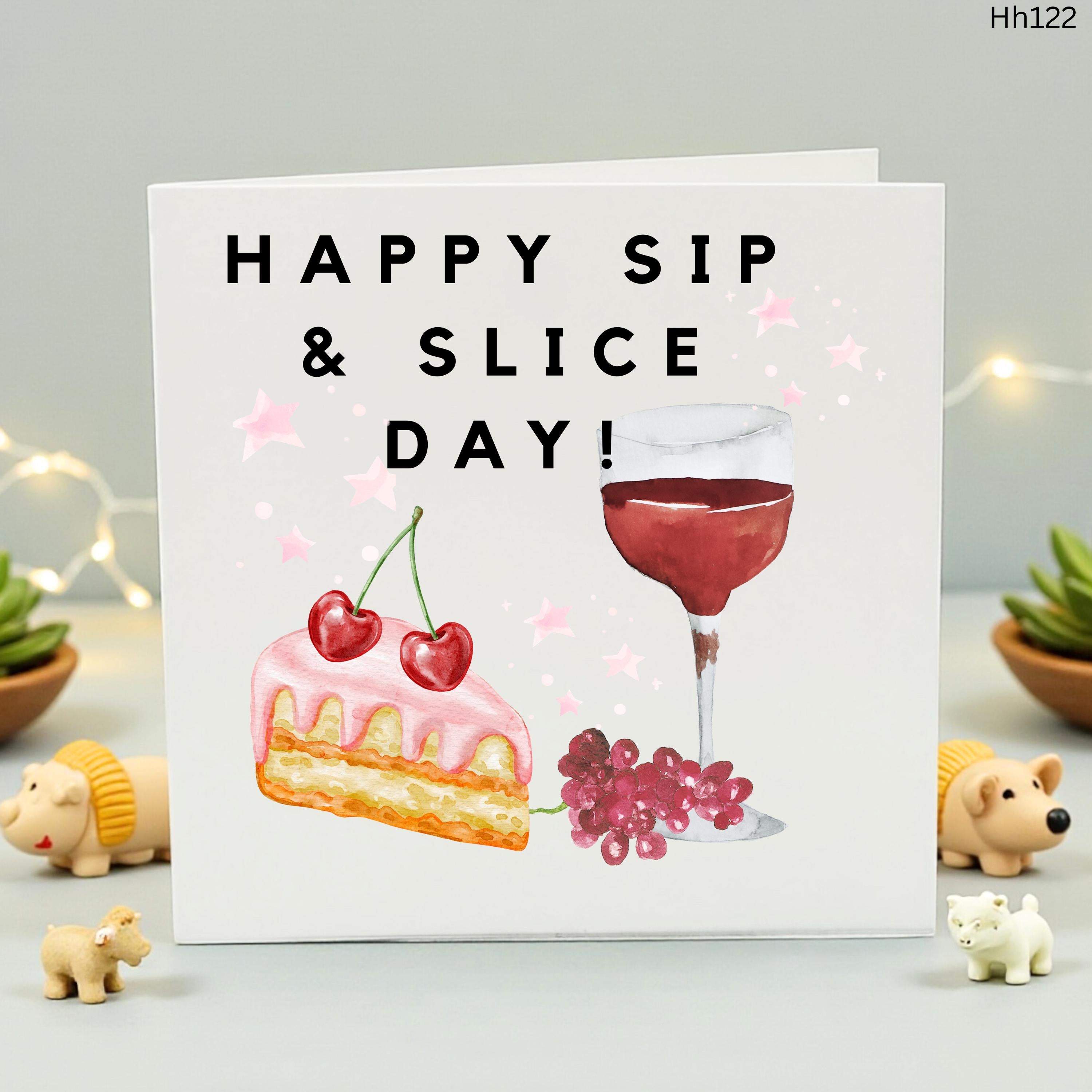 Sip and Slice Birthday Card, Wine and Cake Watercolor Greeting Card, Cute Birthday Card for Her, Wine Lover Gift, Best Friend Birthday Card