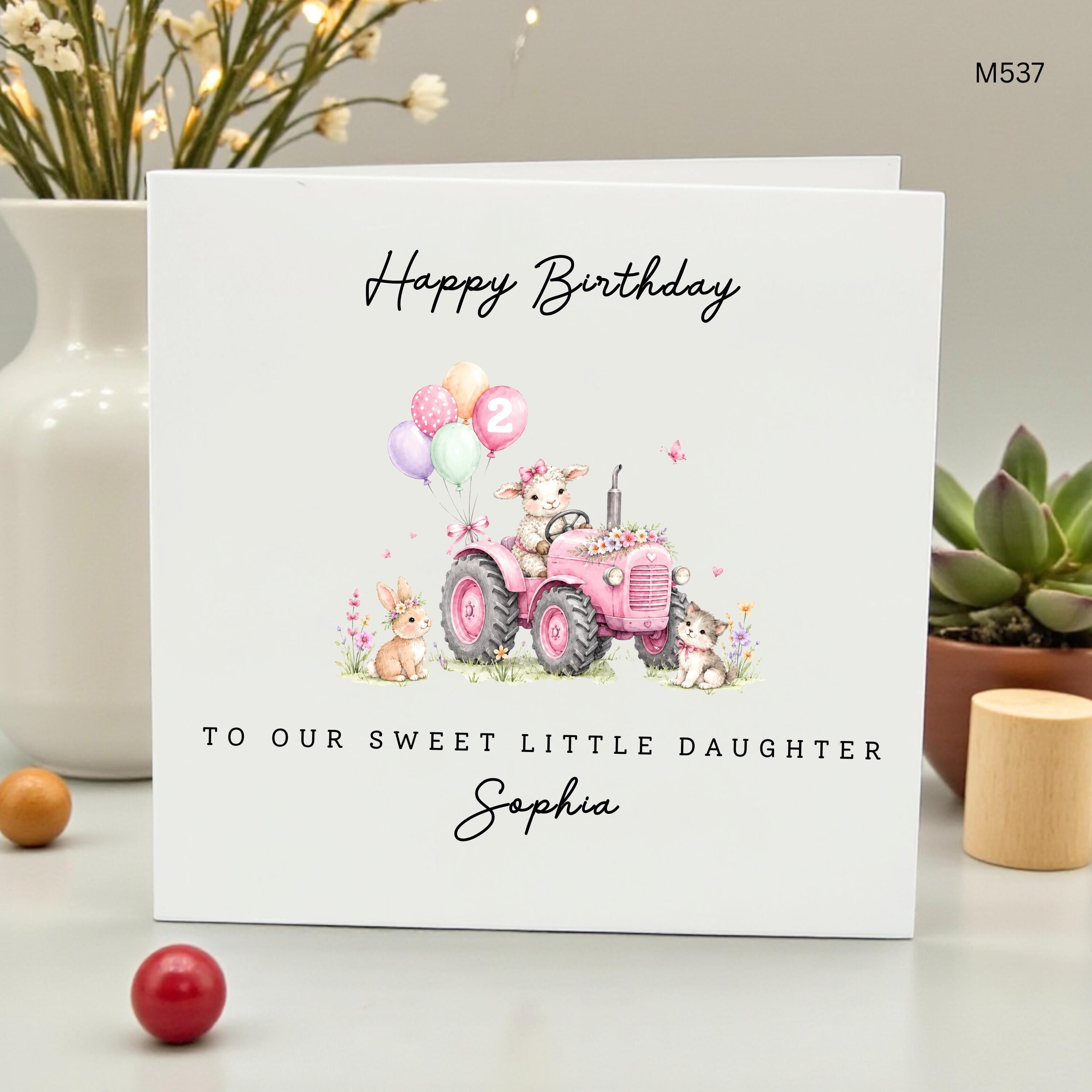 Personalized 2nd Birthday Card for Daughter, Pink Tractor Birthday Card, Cute Lamb Farm Theme, Granddaughter Niece 2nd Birthday, Girl Name