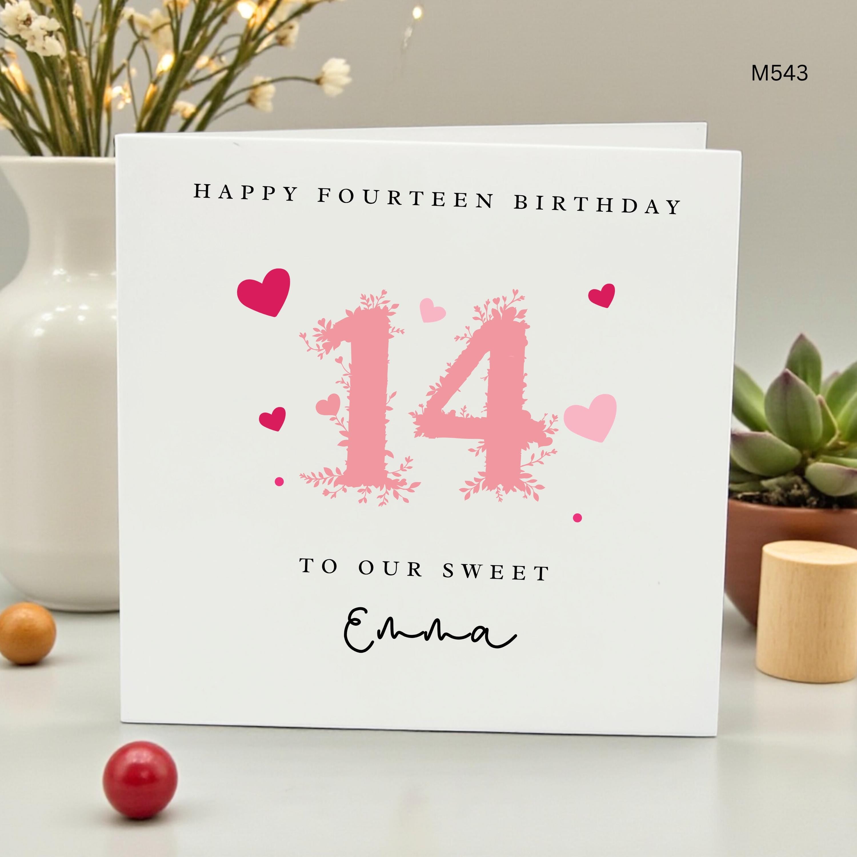 Personalized 14th Birthday Card for Daughter, Floral Pink 14 Card for Teen Girl, Niece Granddaughter 14th Birthday, Custom Name Emma Card