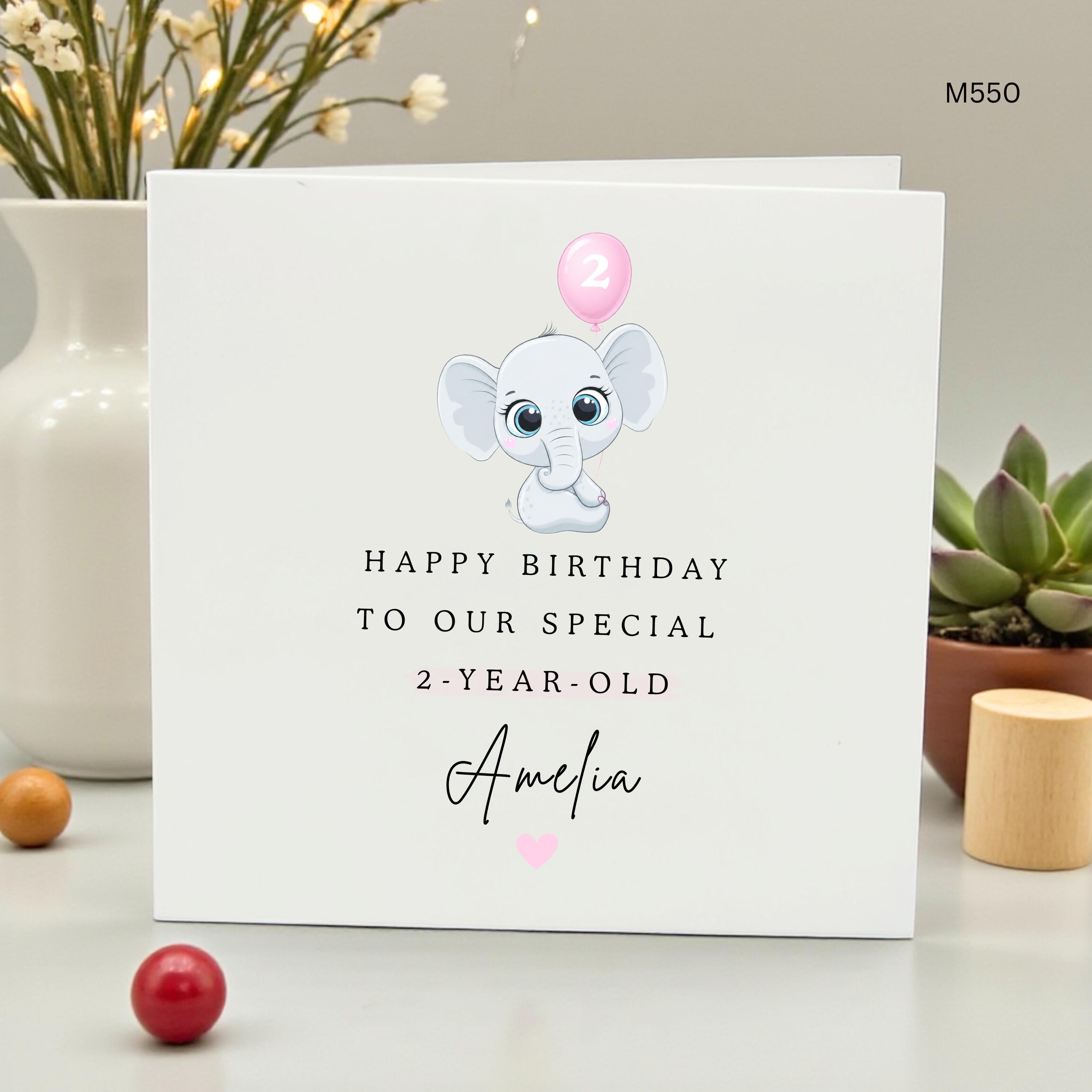 Personalized 2nd Birthday Card for Daughter, Cute Elephant Second Birthday Card, Custom Name Age 2 Card for Niece, Pink Balloon,
