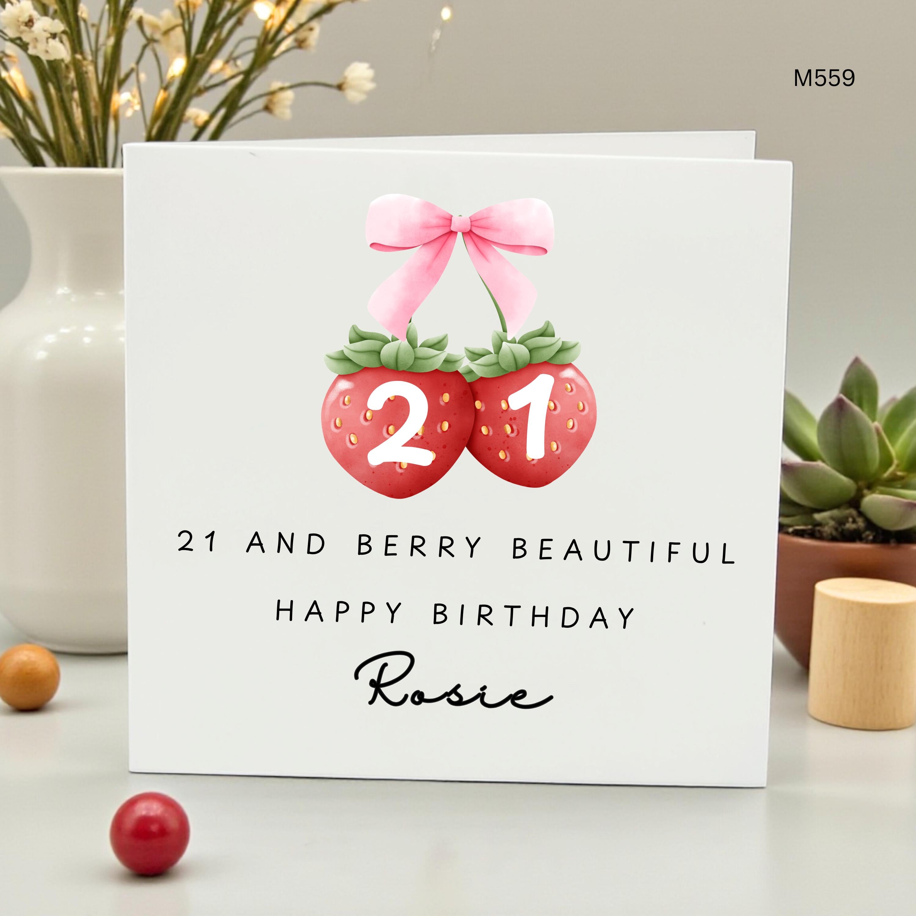 Personalized 21st Birthday Card for Her, Berry Beautiful Strawberry Birthday Card with Pink Bow, Custom 21st Birthday Gift Card for Daughter