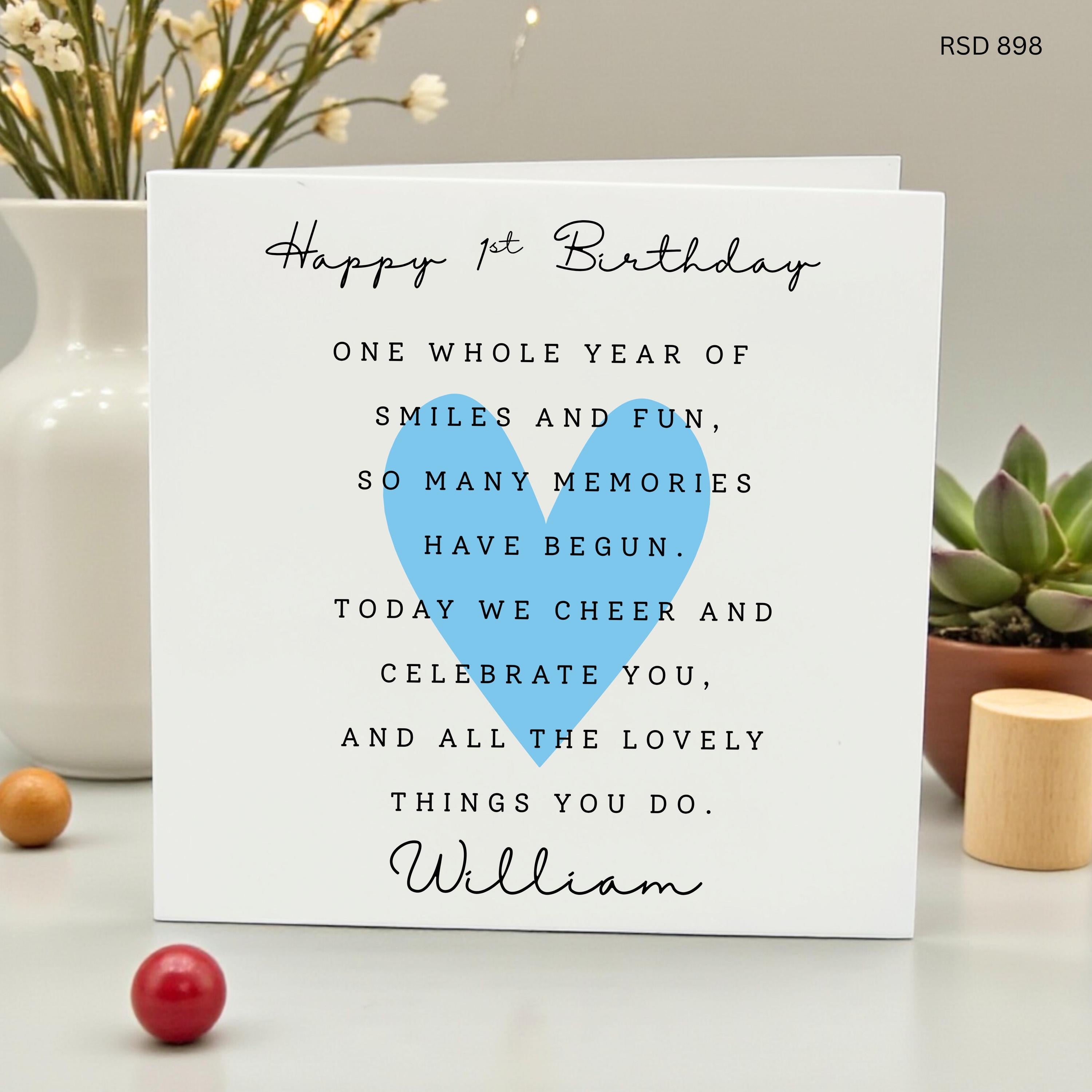 Personalized 1st Birthday Card for Son Grandson, Custom Name First Birthday Card for Boy, Baby 1st Bday Poem Card, Blue Heart Keepsake Card