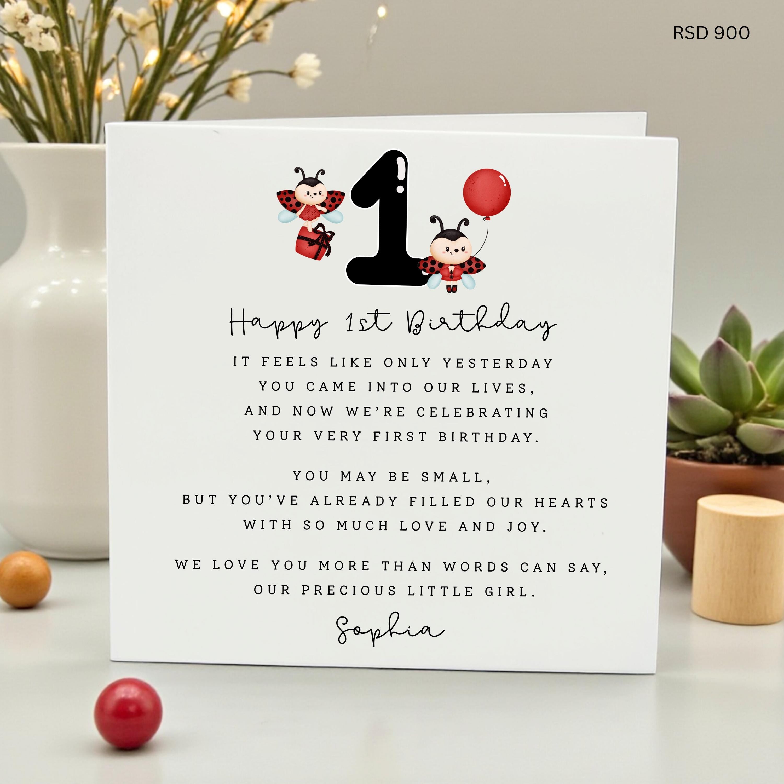 Personalized 1st Birthday Card for Daughter Granddaughter, Custom Name First Birthday Card for Girl, Ladybug Theme Baby 1st Bday Poem Card
