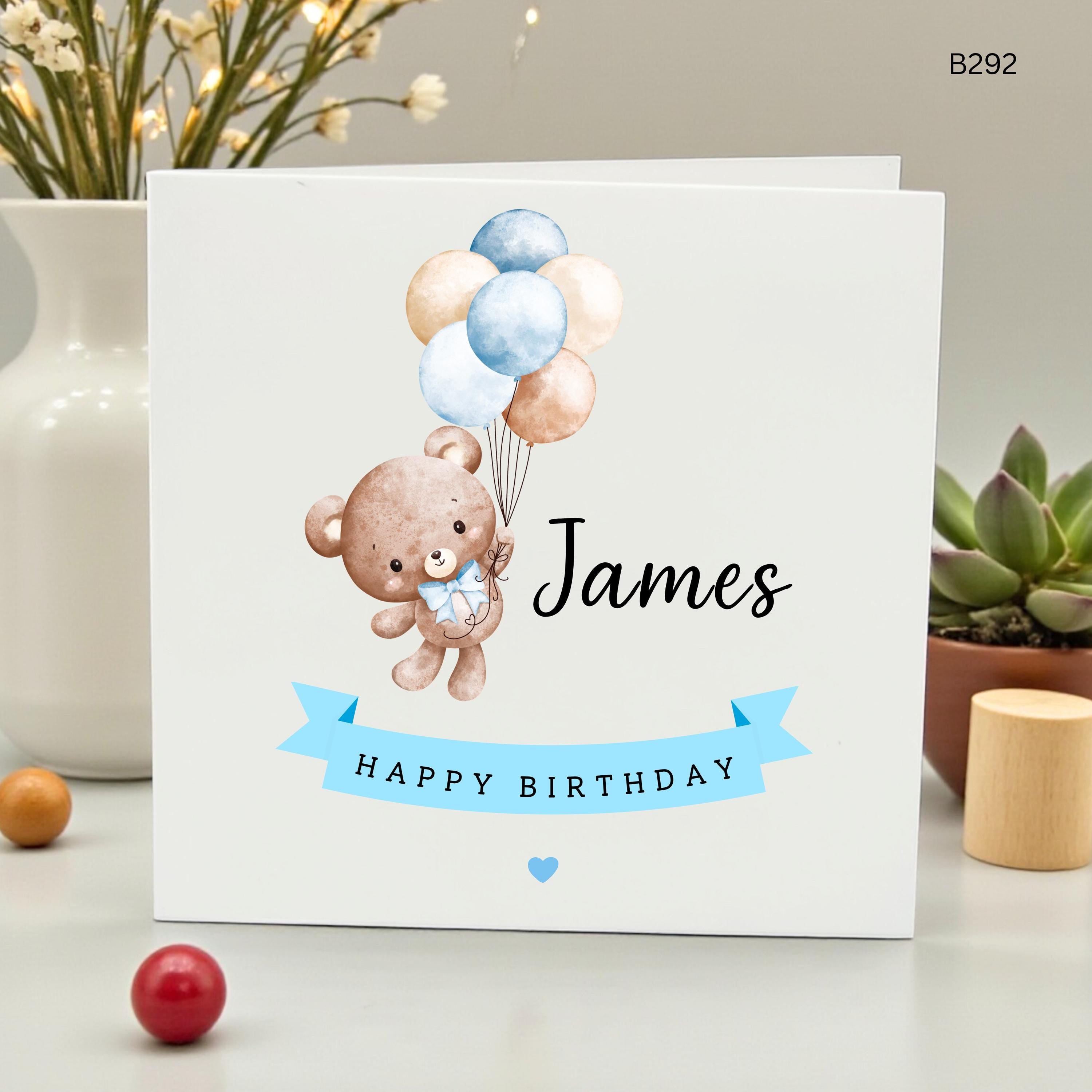 Personalized Teddy Bear Birthday Card for James, Cute Watercolor Bear with Blue Balloons, Special Card for Son, Grandson, Nephew,