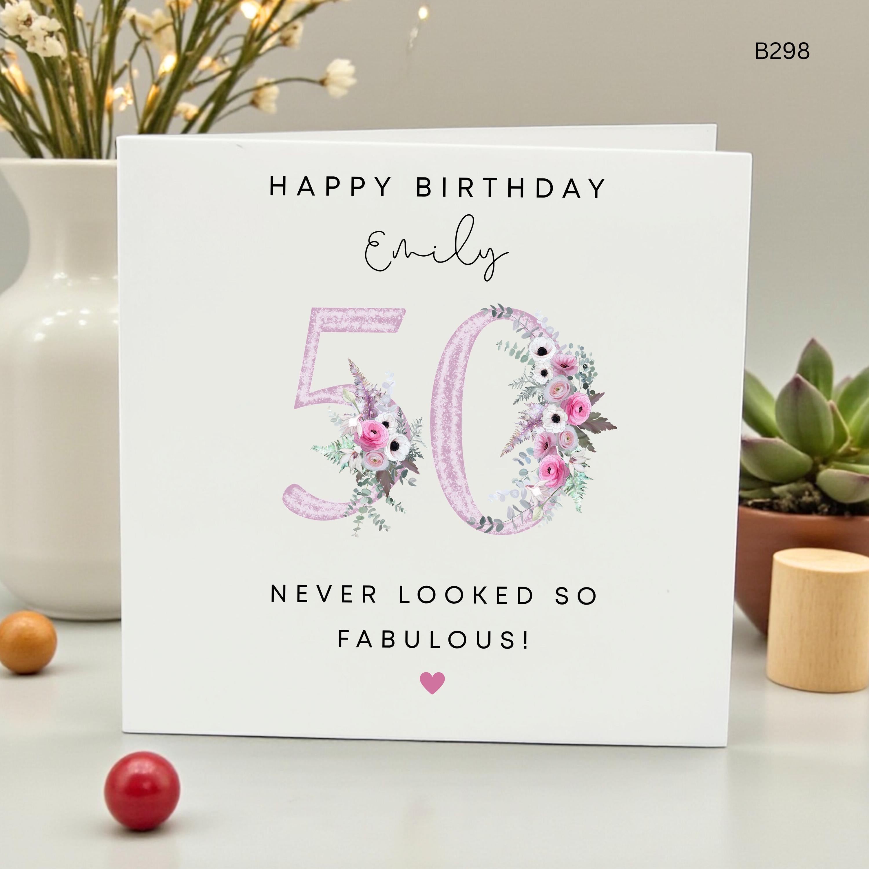 Personalized 50th Birthday Card for Women, Custom Name Emily Birthday Card, Floral 50 and Fabulous Card, Elegant Pink Flower Birthday Card