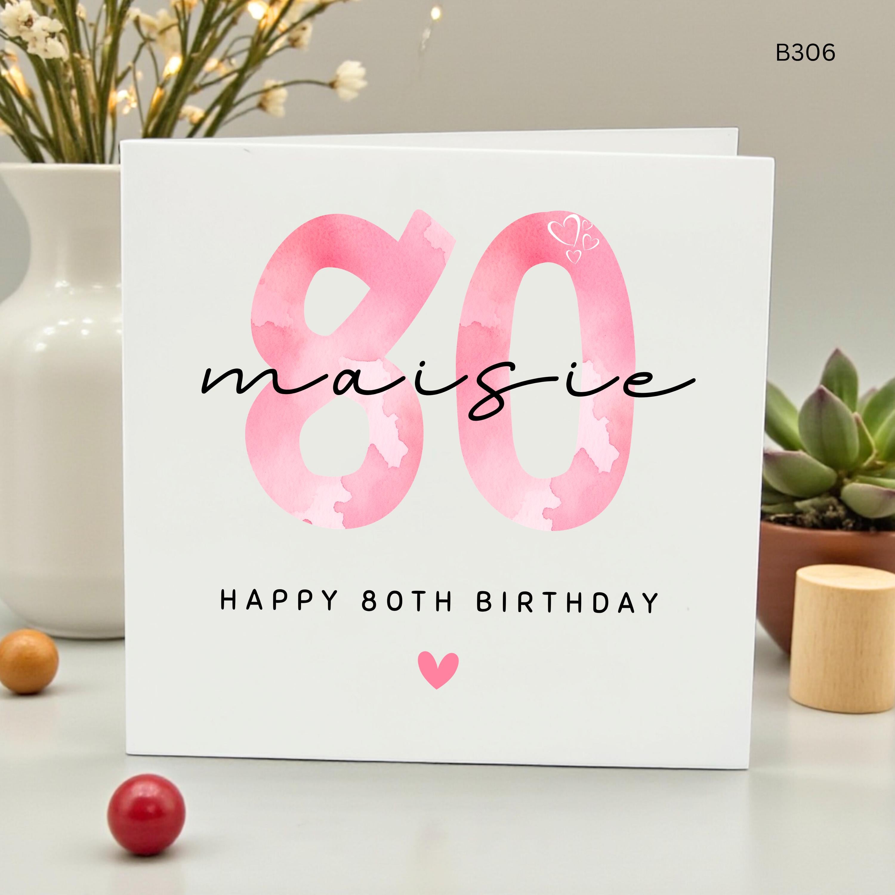 Personalized 80th Birthday Card for Her, Custom Name Maisie 80th Card, Pink Watercolor Milestone Card for Women, Eighty Birthday Greeting