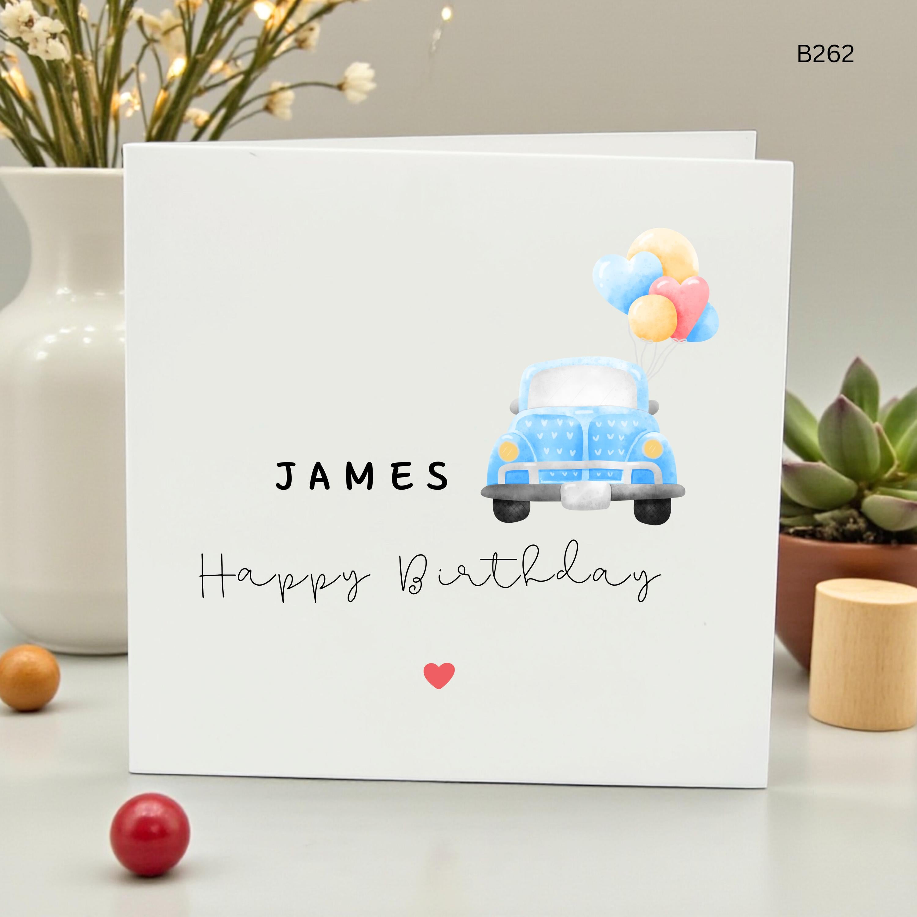 Personalized Happy Birthday Card for Him, Custom Name Blue Car Greeting Card with Heart Balloons, Cute Vehicle Birthday Gift for Son or Boy