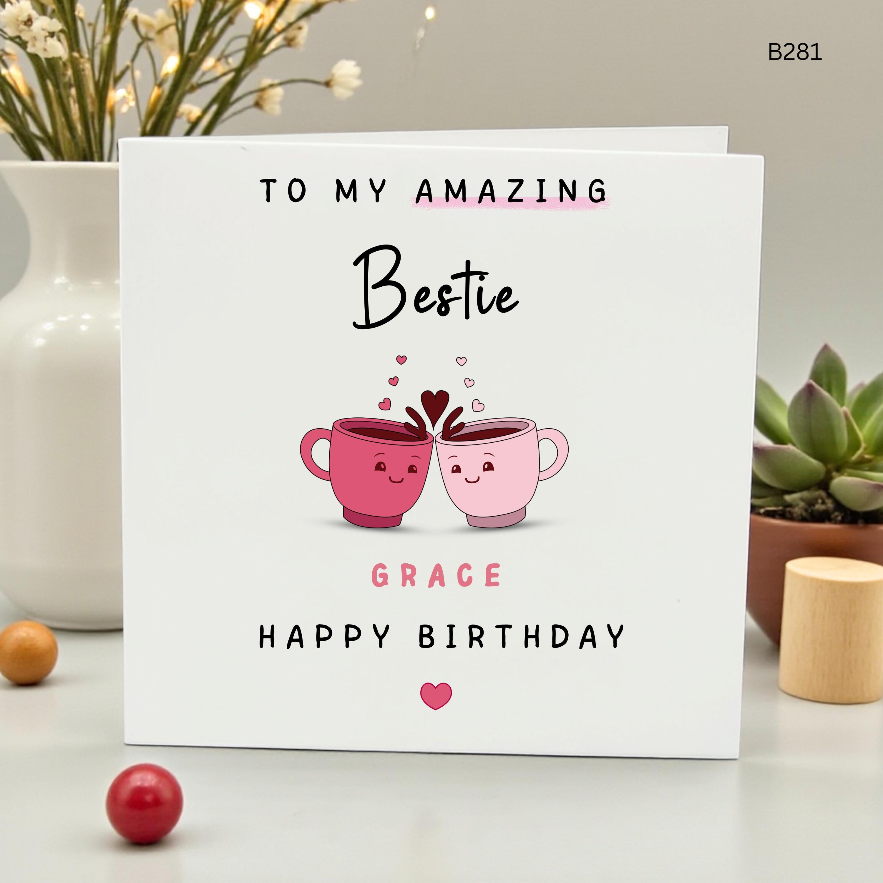 Personalized Bestie Birthday Card, Custom Name Card for Best Friend, To My Amazing Bestie Happy Birthday Card, Cute Coffee Lover Gift, Grace