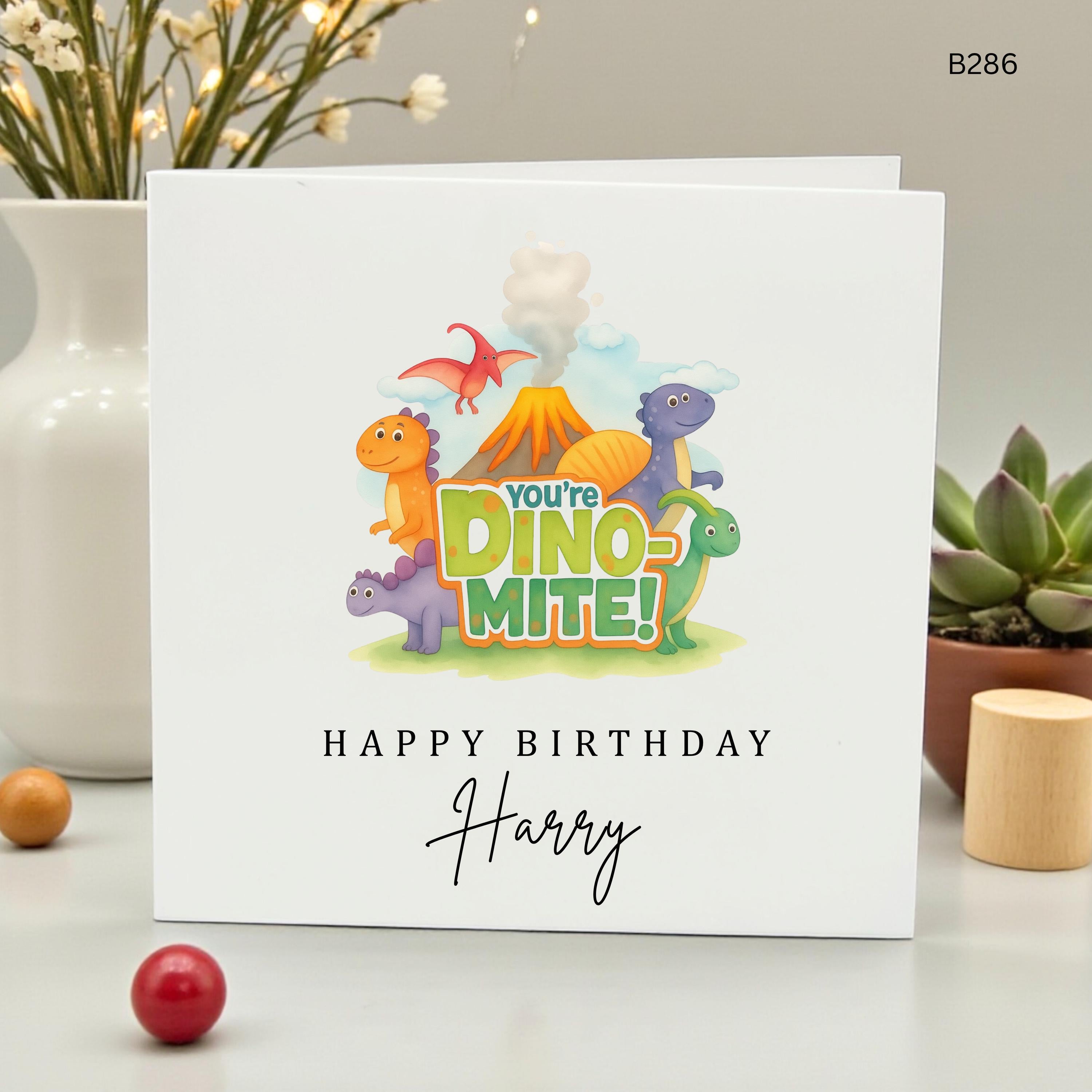 Personalized Dinosaur Birthday Card for Boys, You're Dino-mite Custom Name Card for Son Grandson, Cute Volcano Birthday Gift for Harry