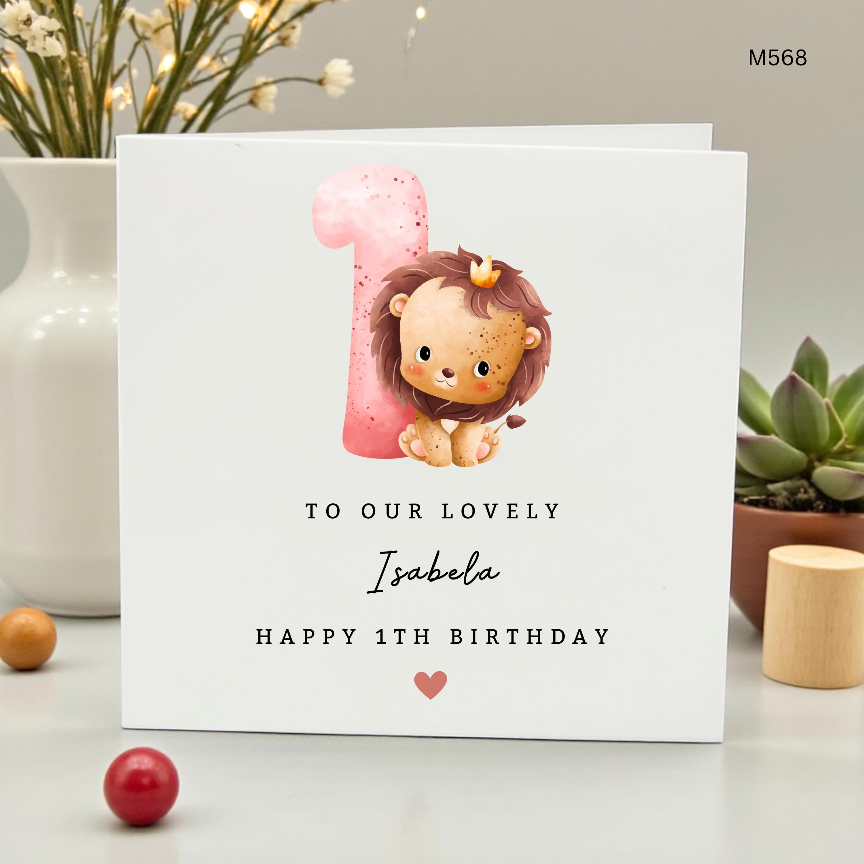 Personalized 1st Birthday Card for Girl, Cute Lion First Birthday Gift, Daughter Granddaughter 1st Bday Card, Pink Jungle Theme,