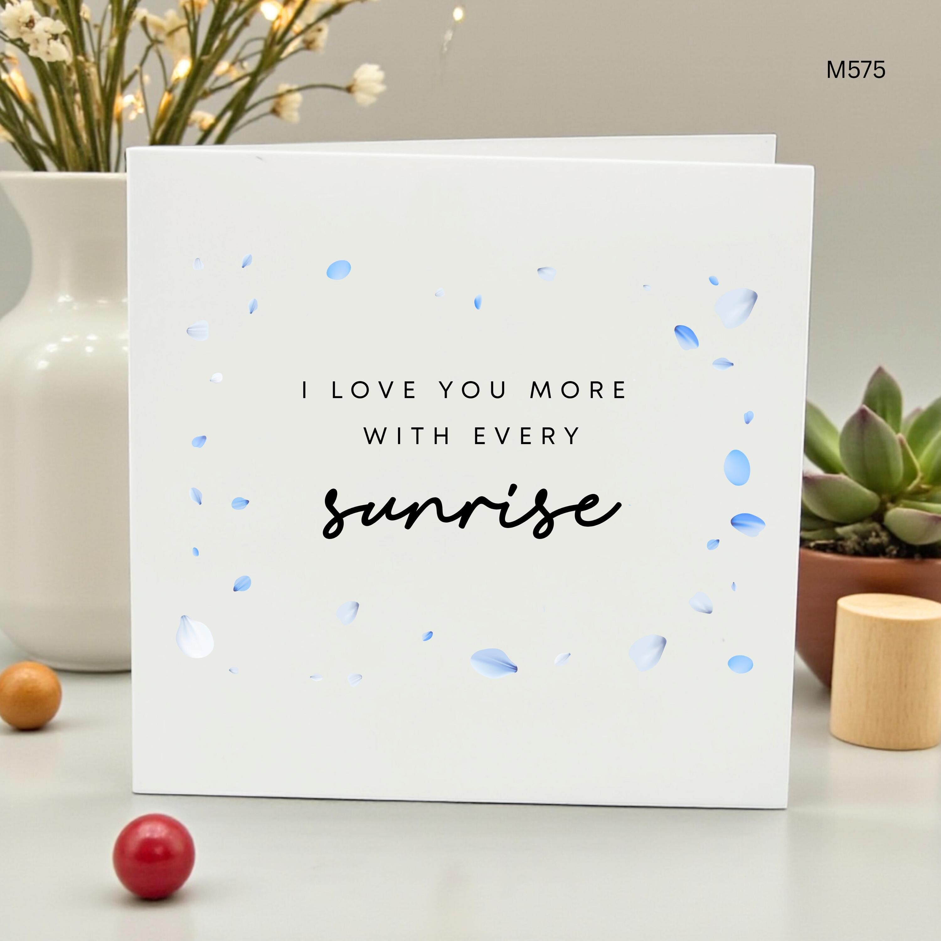 Romantic Anniversary Card for Husband or Wife, I Love You More with Every Sunrise Card, Blue Petal Poem Card, Sweet Partner Birthday Gift