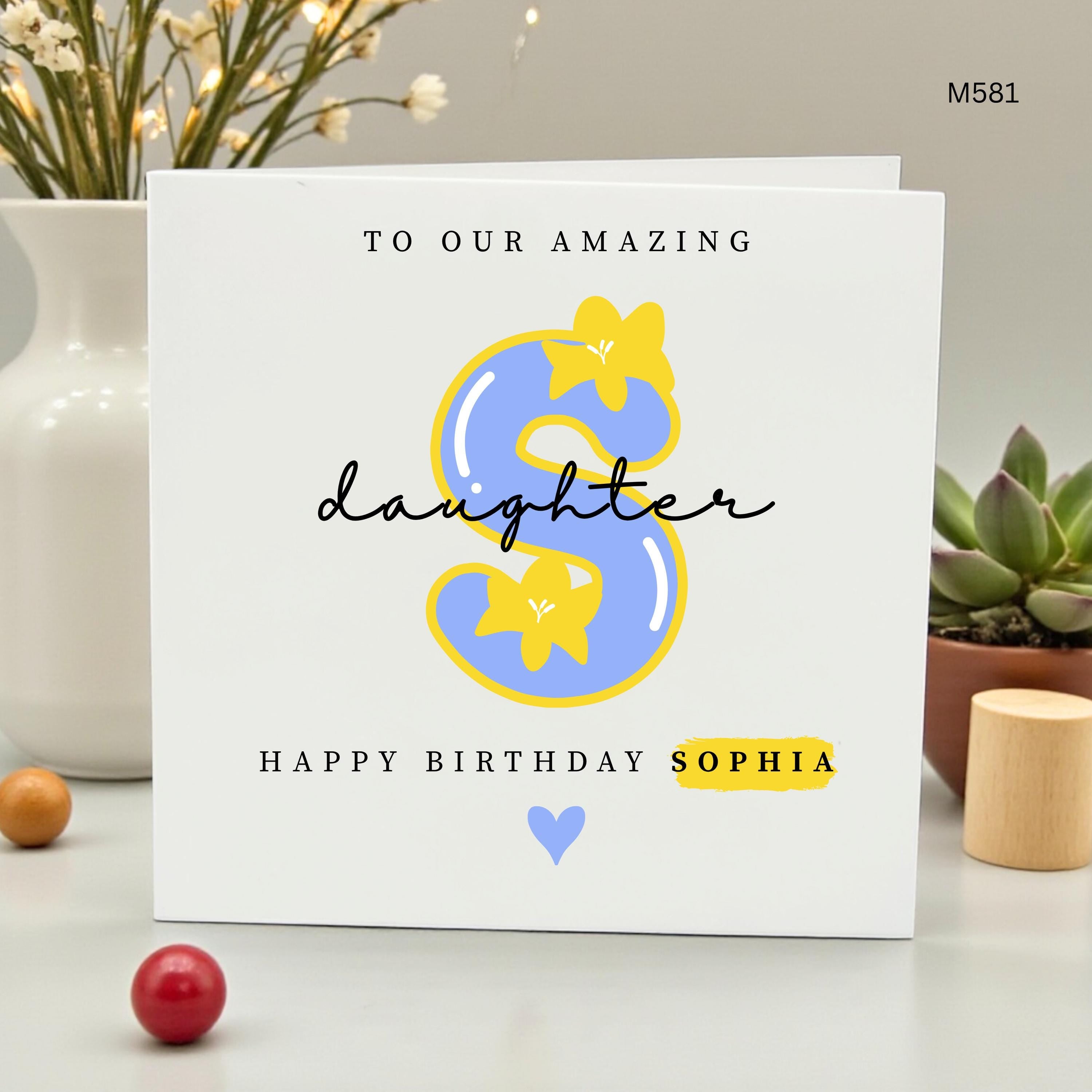 Personalized Daughter Birthday Card, Blue Initial S Floral Card for Daughter, Custom Name Birthday Card, Amazing Daughter Gift Card