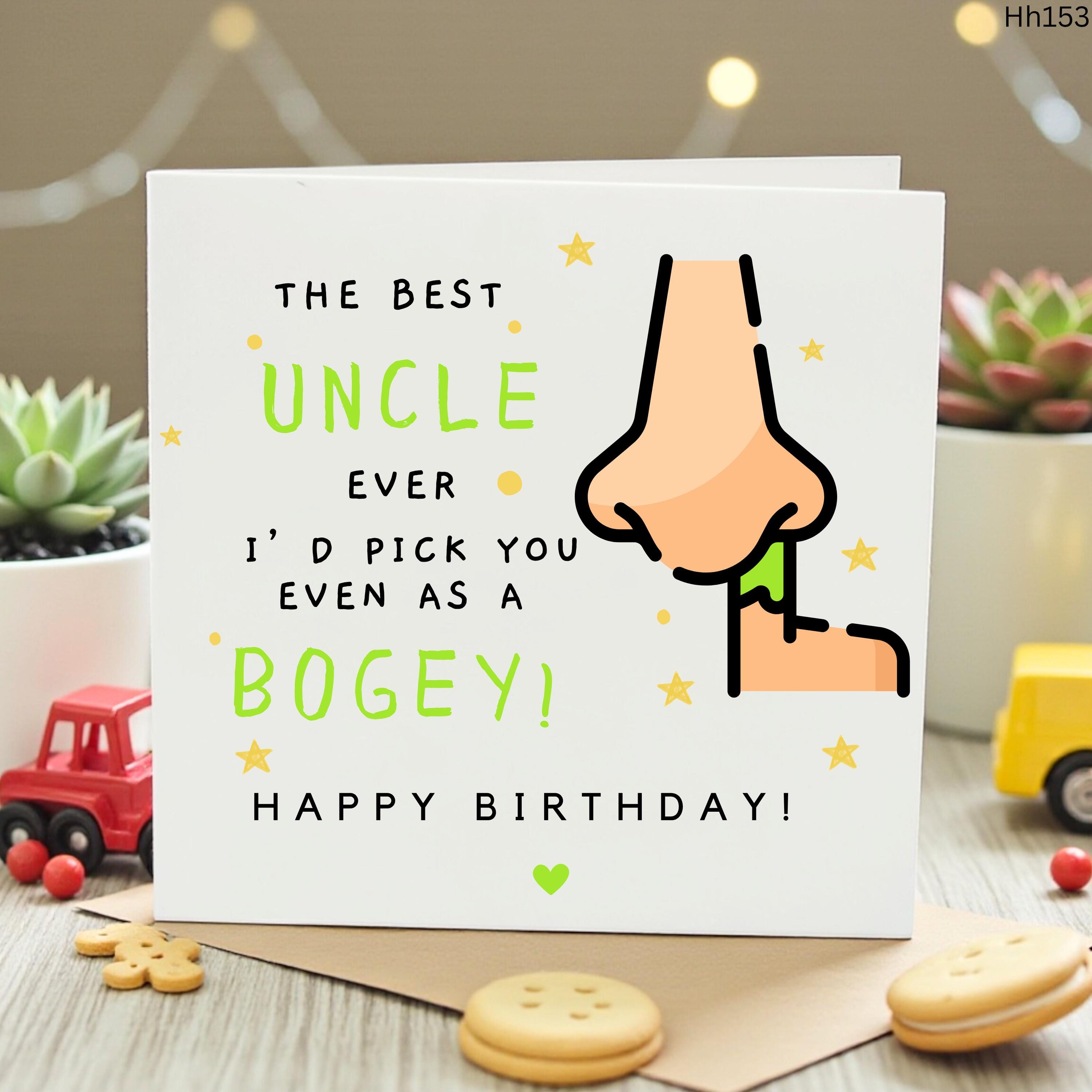 Funny Uncle Birthday Card with Booger Pun, Best Uncle Ever Joke Card from Nephew Niece, Humorous Bogey Greeting Card for Him