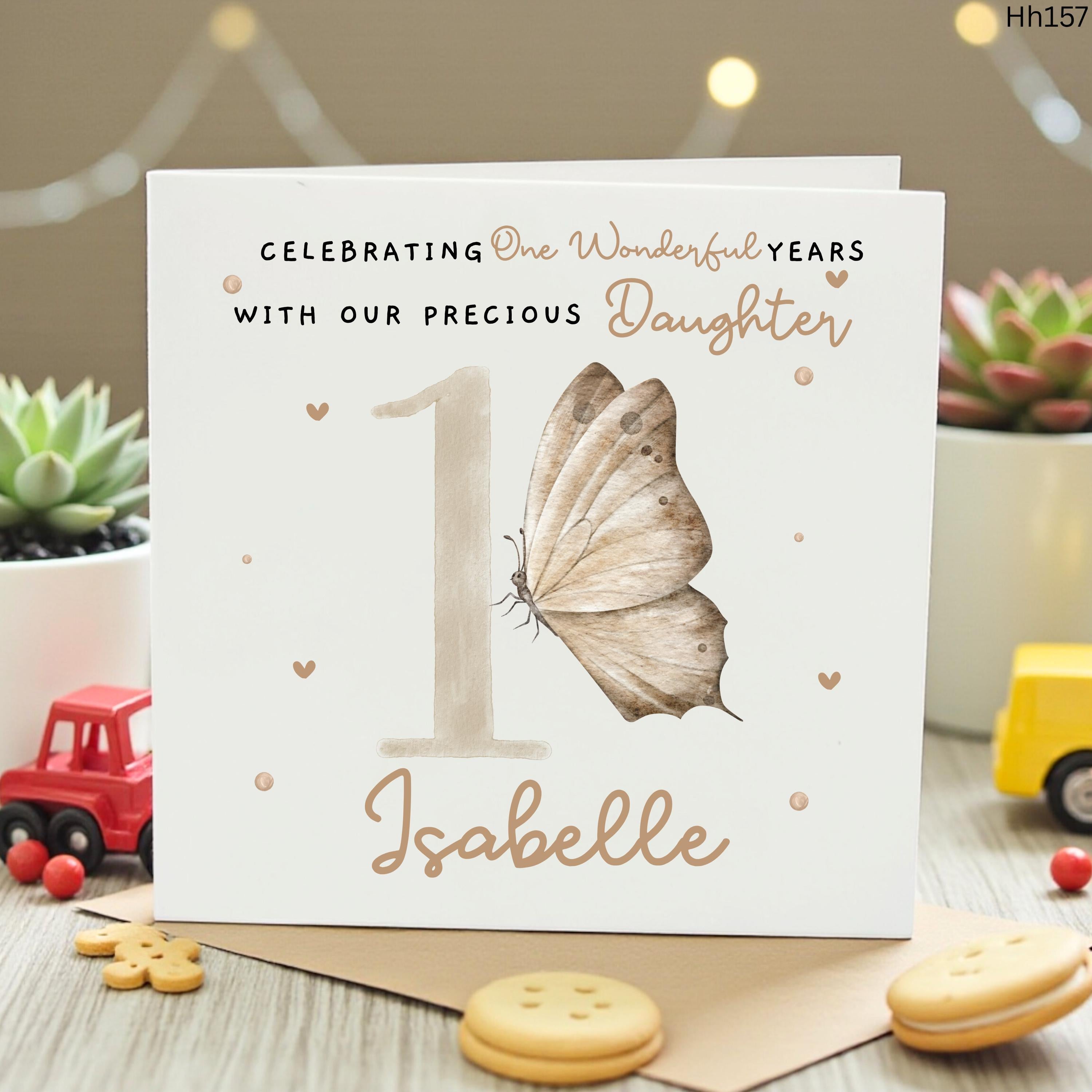 Personalized 1st Birthday Card for Daughter, Custom Name First Birthday Card Girl, Watercolor Butterfly Boho Minimalist Card, Isabelle
