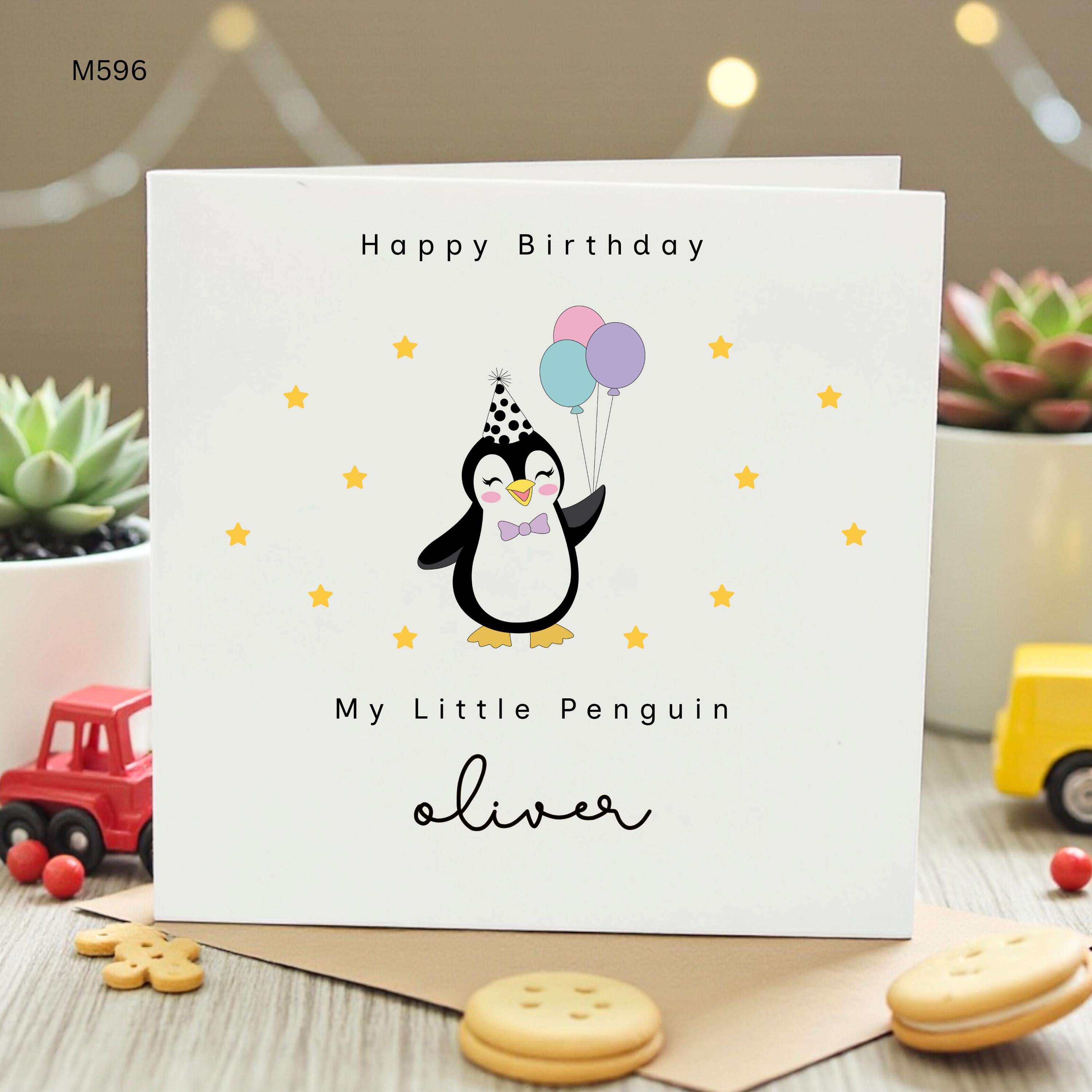 Personalized Penguin Birthday Card for Oliver, Custom Kids Greeting Card My Little Penguin, Cute Balloon Card for Son Grandson Gift